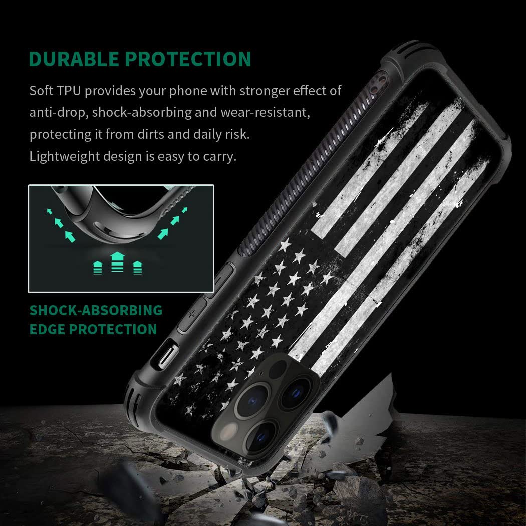 ZHEGAILIAN iPhone 14 Pro Max Case Tempered Glass TPU Shock Protective Black White Grunge American Flag 6.7-inch