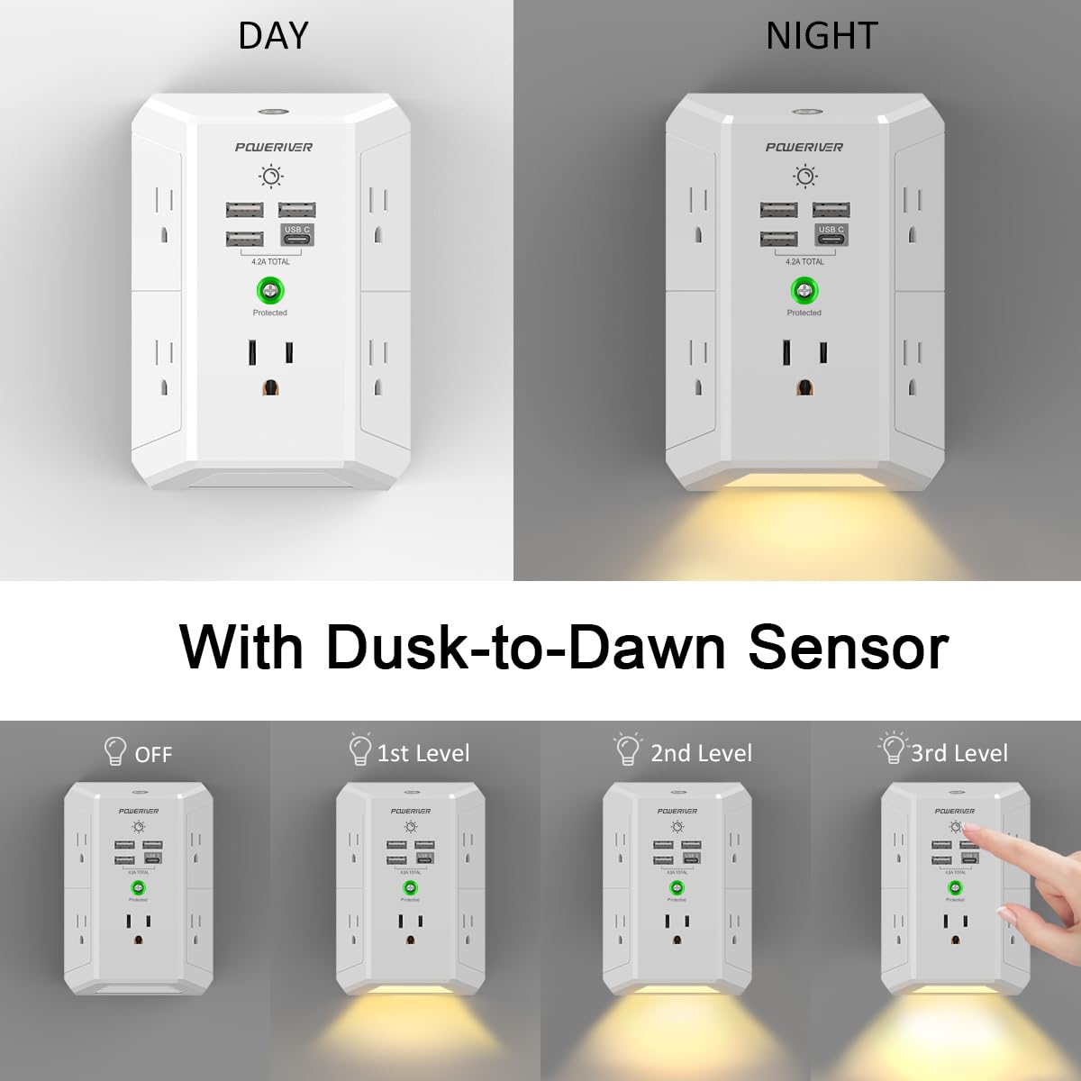 Multi Plug Outlet Surge Protector, Poweriver 5 Outlet Extender With 4 Usb Ports(1Usb C) And Night Light, 3 Sided Outlet Splitter