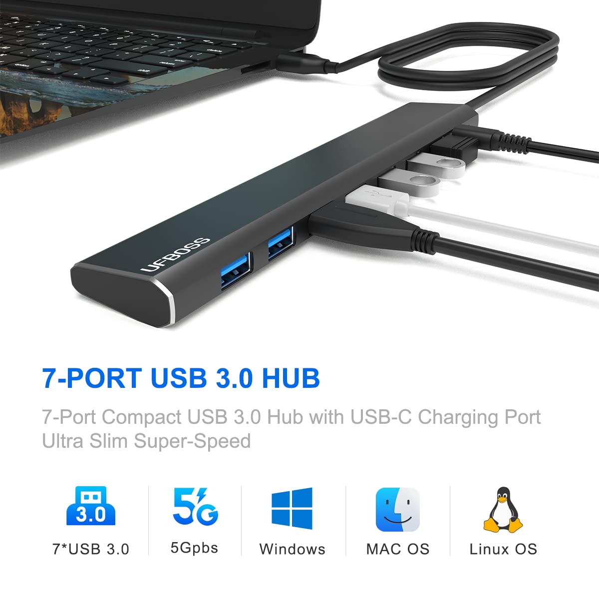 Ufboss Ultra Slim Super Speed 7 Port Compact Low Power Usb 3.0 Data Hub With Usb C Charging Port For Laptop/Pc (4Ft)