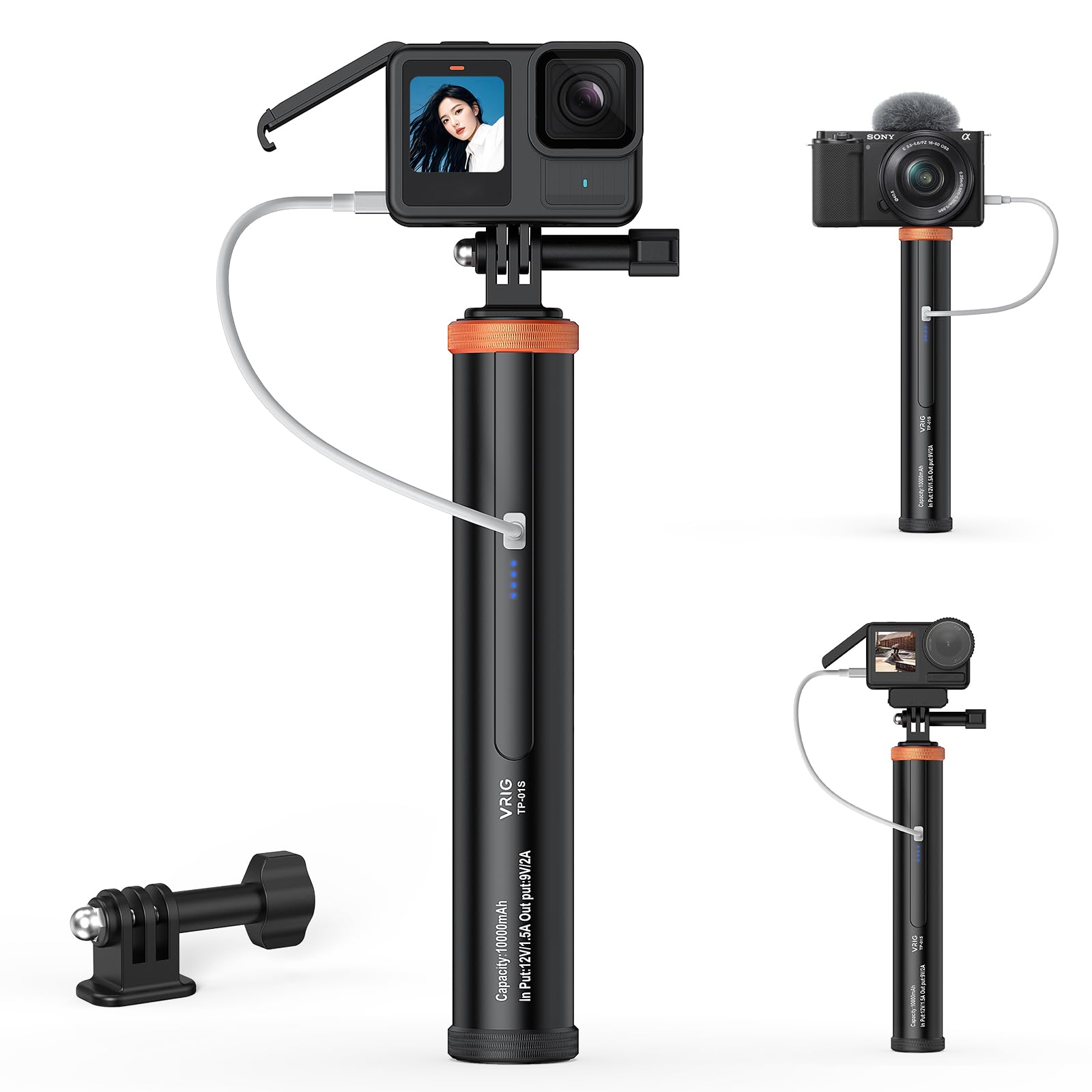 Vrig Battery Handle Grip,10000Mah Power Bank Grip Portable Charger Monopod For Dji Osmo Action 5Pro/4/3 Dlsr Ace Pro Pocket3 Sma