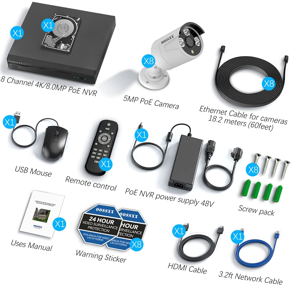 Oossxx (5.0 Megapixel & 130 Ultra Wide Angle) Poe Outdoor Home Security Camera System Wired Outdoor Video Surveillance Ip Camera