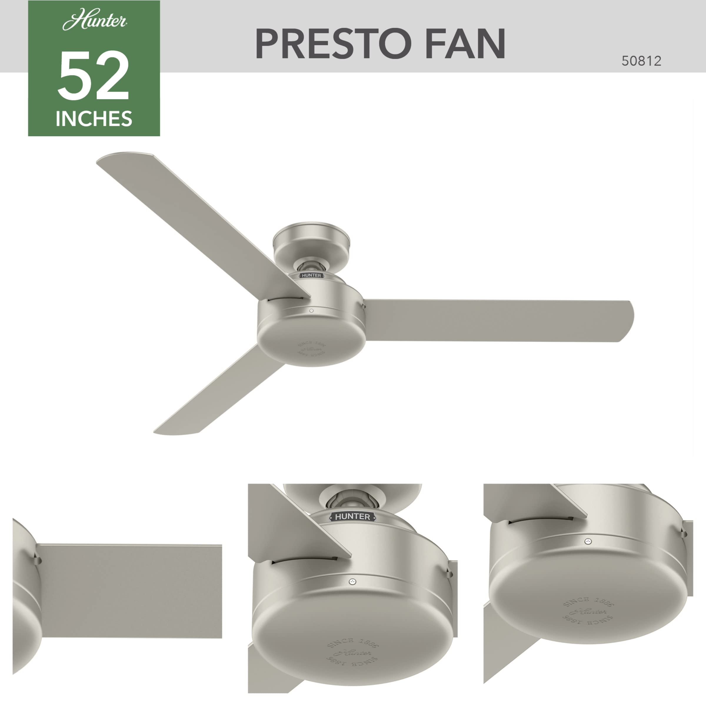 Hunter 50812 Presto Ceiling Fan 52 Inches Matte Nickel