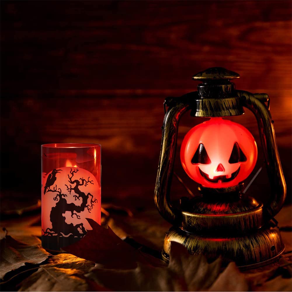 Genswin Halloween Flameless Candles With Witch, Crow Raven, Castle Decals, 3 Pack Battery Operated Candles With Remote Timer, Ha
