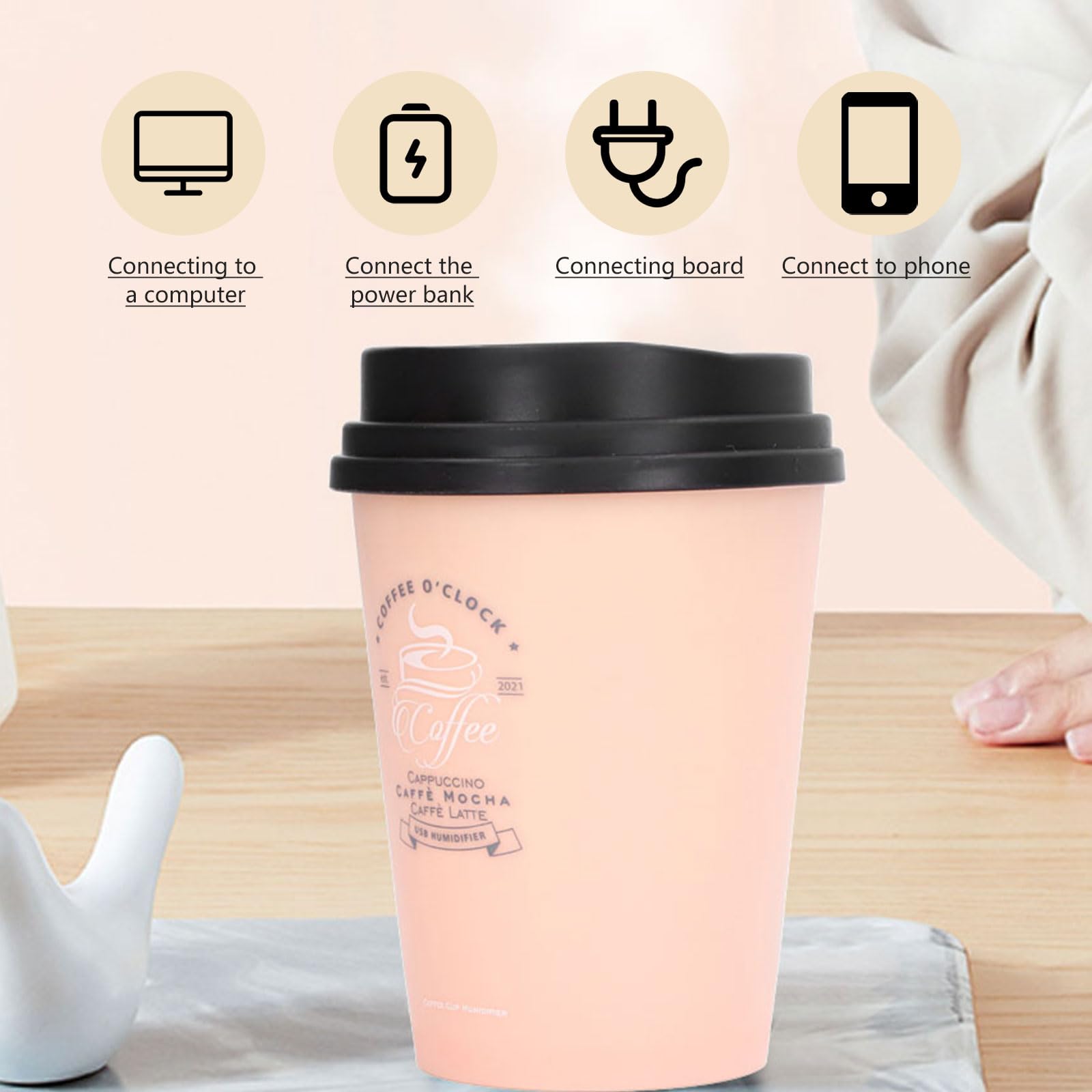 Humidifiers For Bedroom, 300Ml Cool Mist Humidifiers, Usb Mini Cute Coffee Cup Humidifier, Car Humidifier, Pink Desk Humidifier,