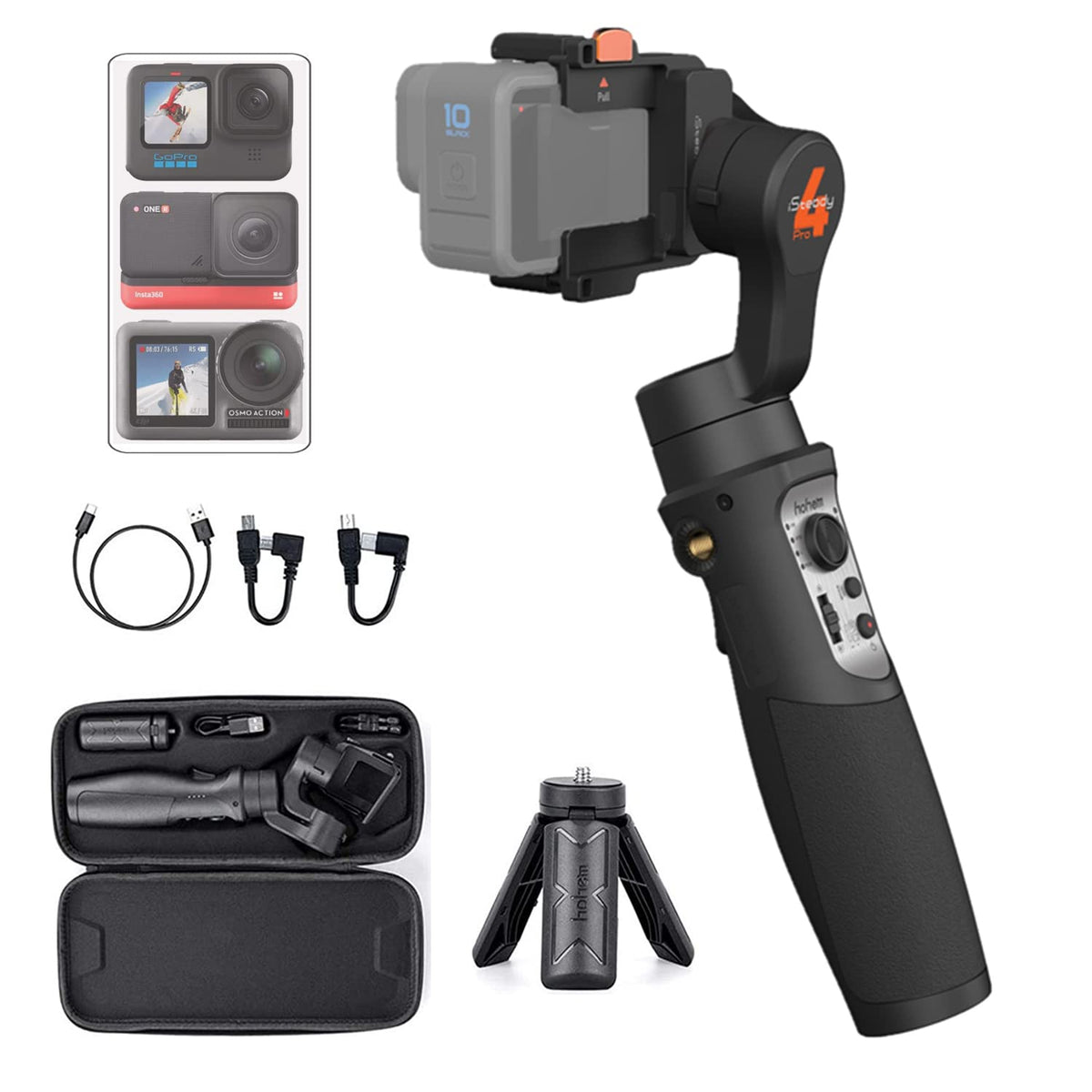 Hohem Isteady Pro 4 Action Camera Gimbal 3 Axis Splashproof Stabilizer For Gopro Hero 13/12/11/10/9/8/7/6/5/4/3,Dji Osmo Action,Insta360 One R,Sony Rx0,Quick Mounting,14Hrs Runtime