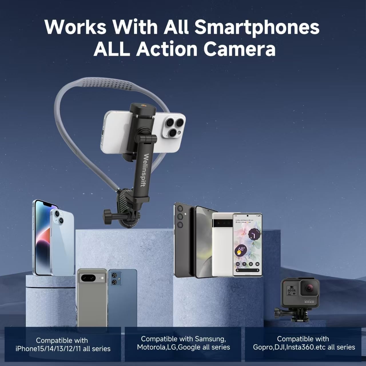 Premium Neck Phone Holder With Fill Light & Remote- Pov/Vlog Chest Phone Tripod Mount W/ Anti-Shake Strap For Hands-Free Recordi