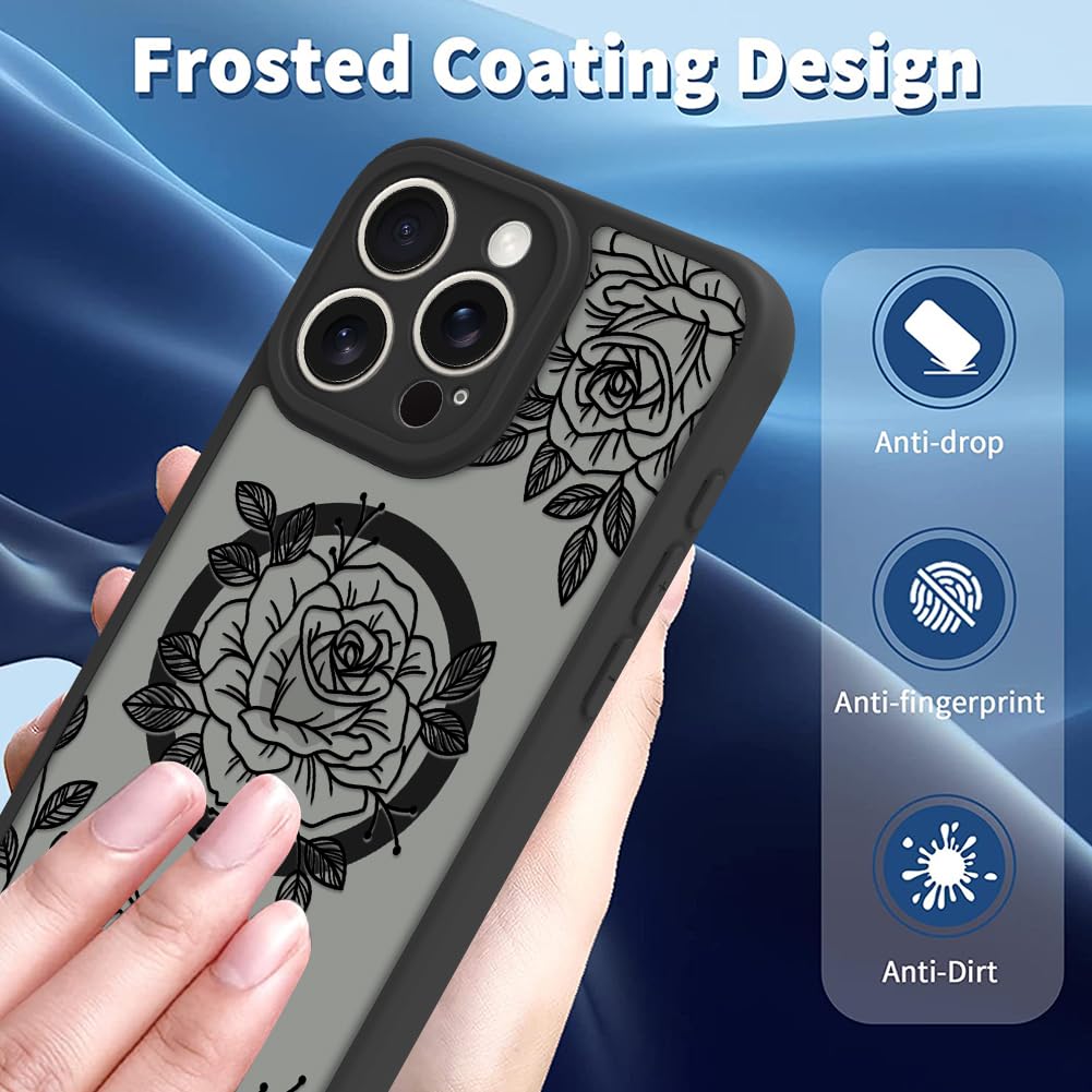 Ook Magnetic For Iphone 15 Pro Max Case Black Flower Floral Pattern [Compatible With Magsafe] Slim Translucent Matte Camera Lens