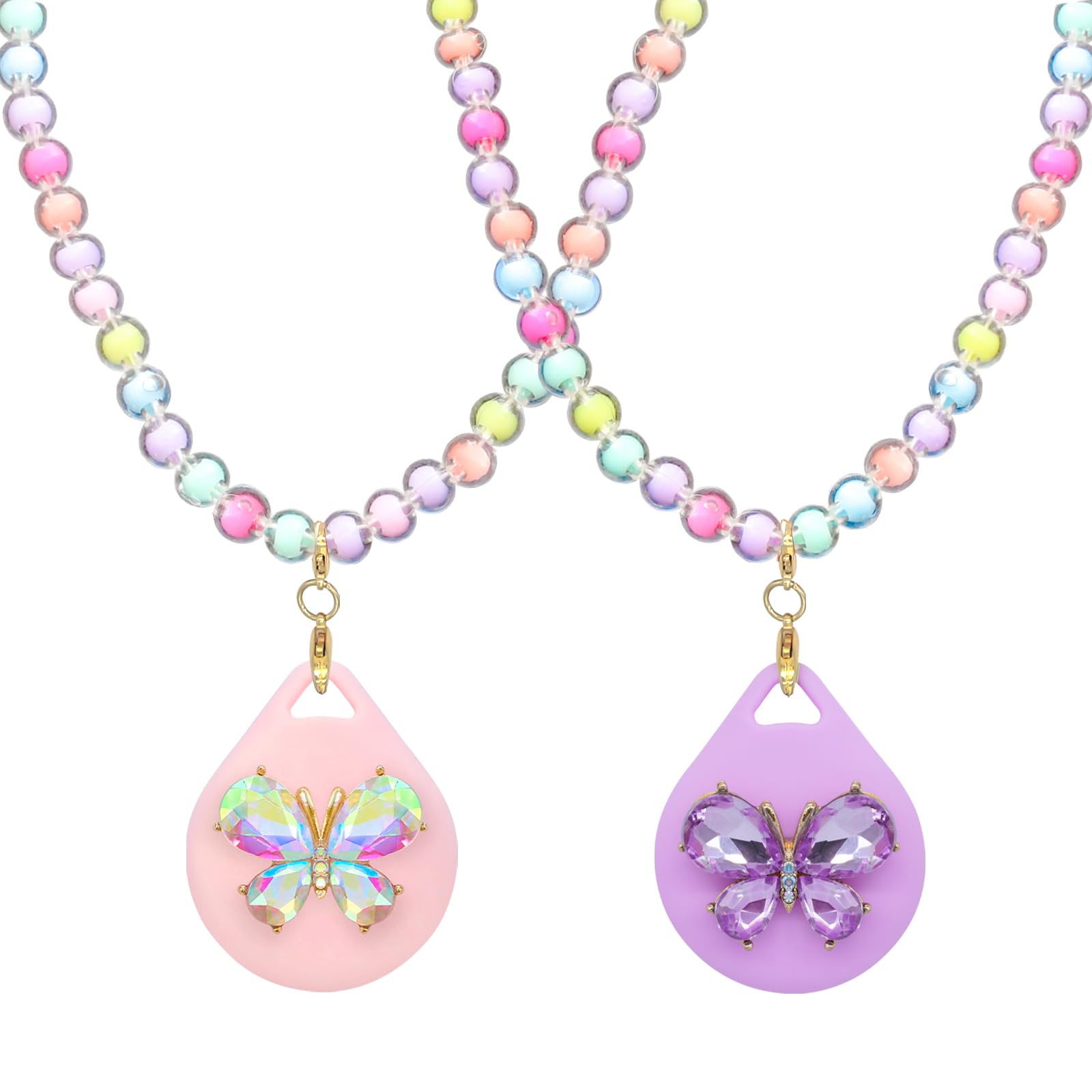 XEEWEN 2 Pack Kids Necklace Holder for Airtag - Cute Pink Purple Butterfly Beaded Necklace Case Cover for Girls