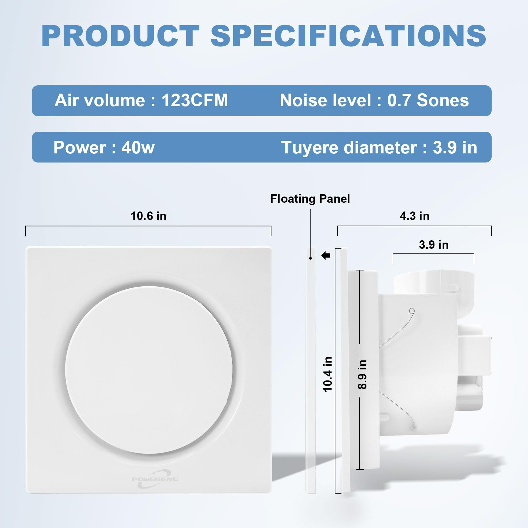 Powereng Bathroom Fan Ultra Quiet Bathroom Ventilation, Exhaust Fan,123Cfm 0.7 Sones 40W,4 Inch Duct Collar,White,9 Inch Opening