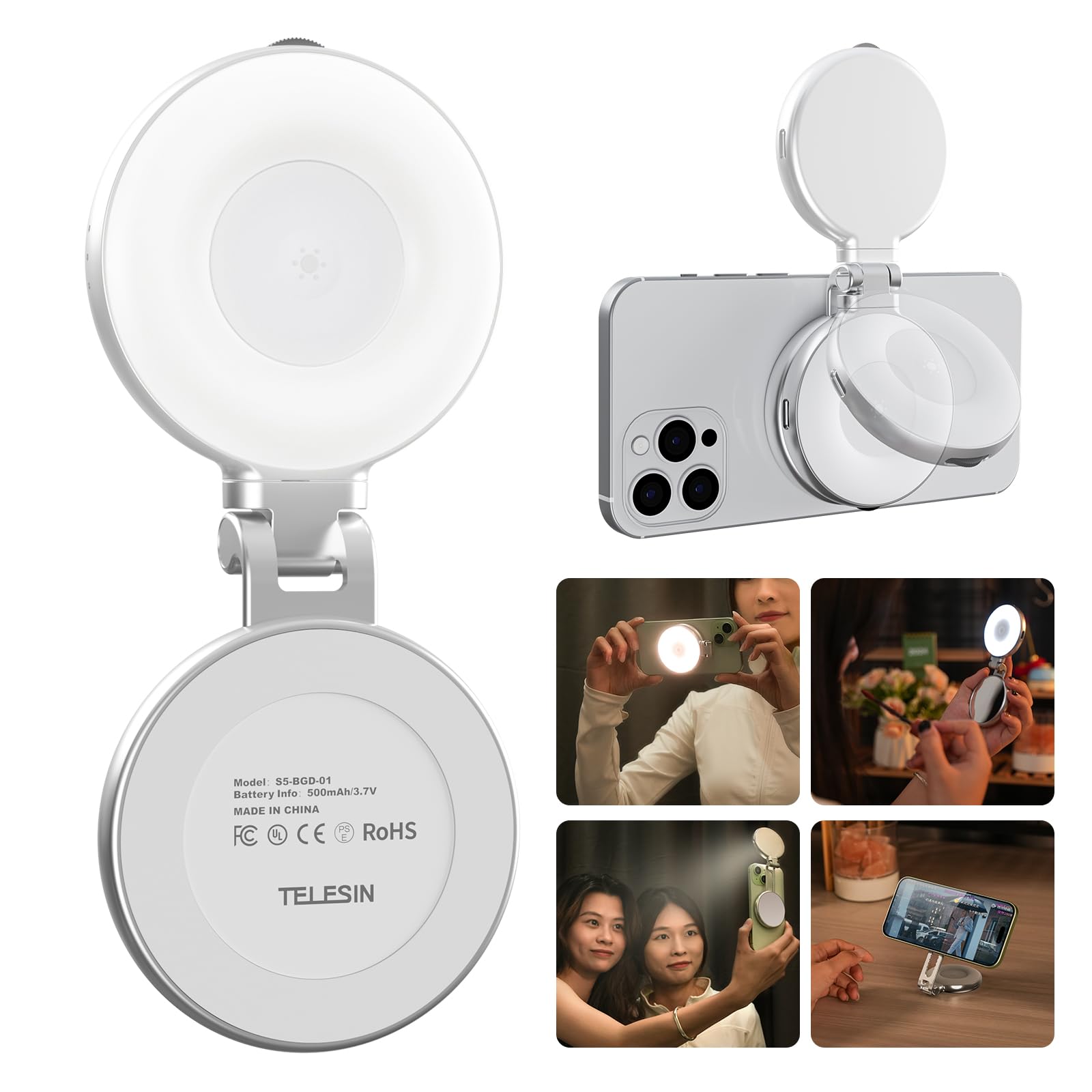 TELESIN C03 Magnetic Selfie Light, Phone Light Compatible with iPhone Magsafe, CRI97 360 LED Selfie Ring Fill Light with Mirror 