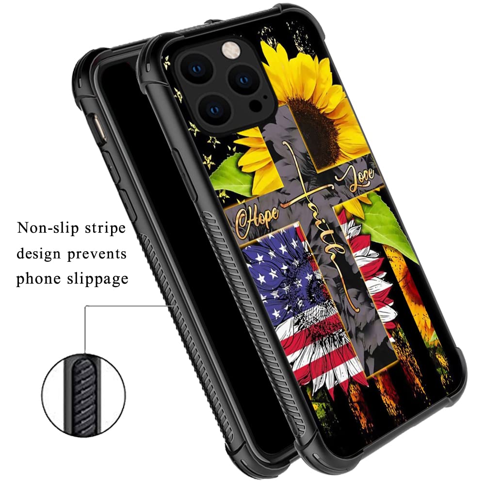 ZHEGAILIAN iPhone 13 Case Faith Sunflower USA Flag Shockproof Reinforced Corners TPU & Acrylic 6.1 inch