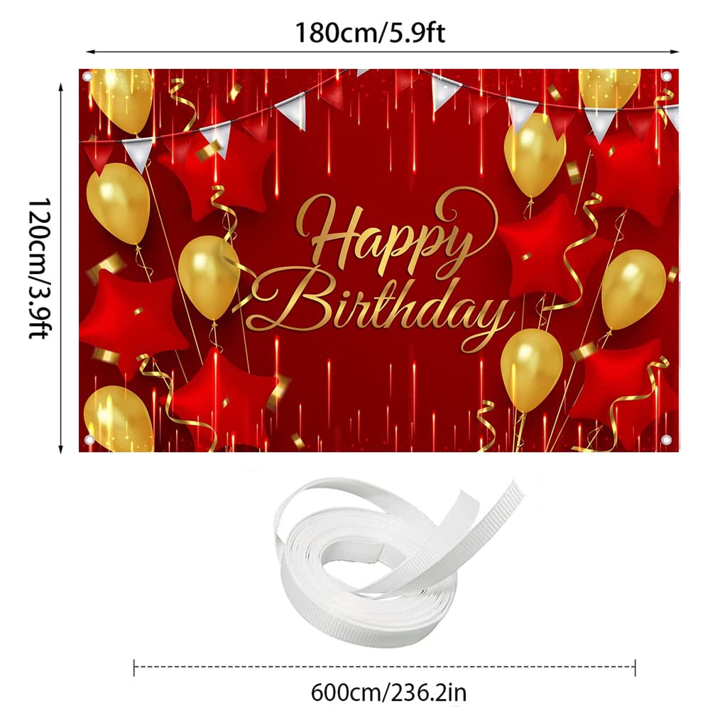 Generic Red And Gold Balloons Birthday Photography Background, Happy Birthday Backdrop With Banner, Rope For Men, Woman, Baby Sh
