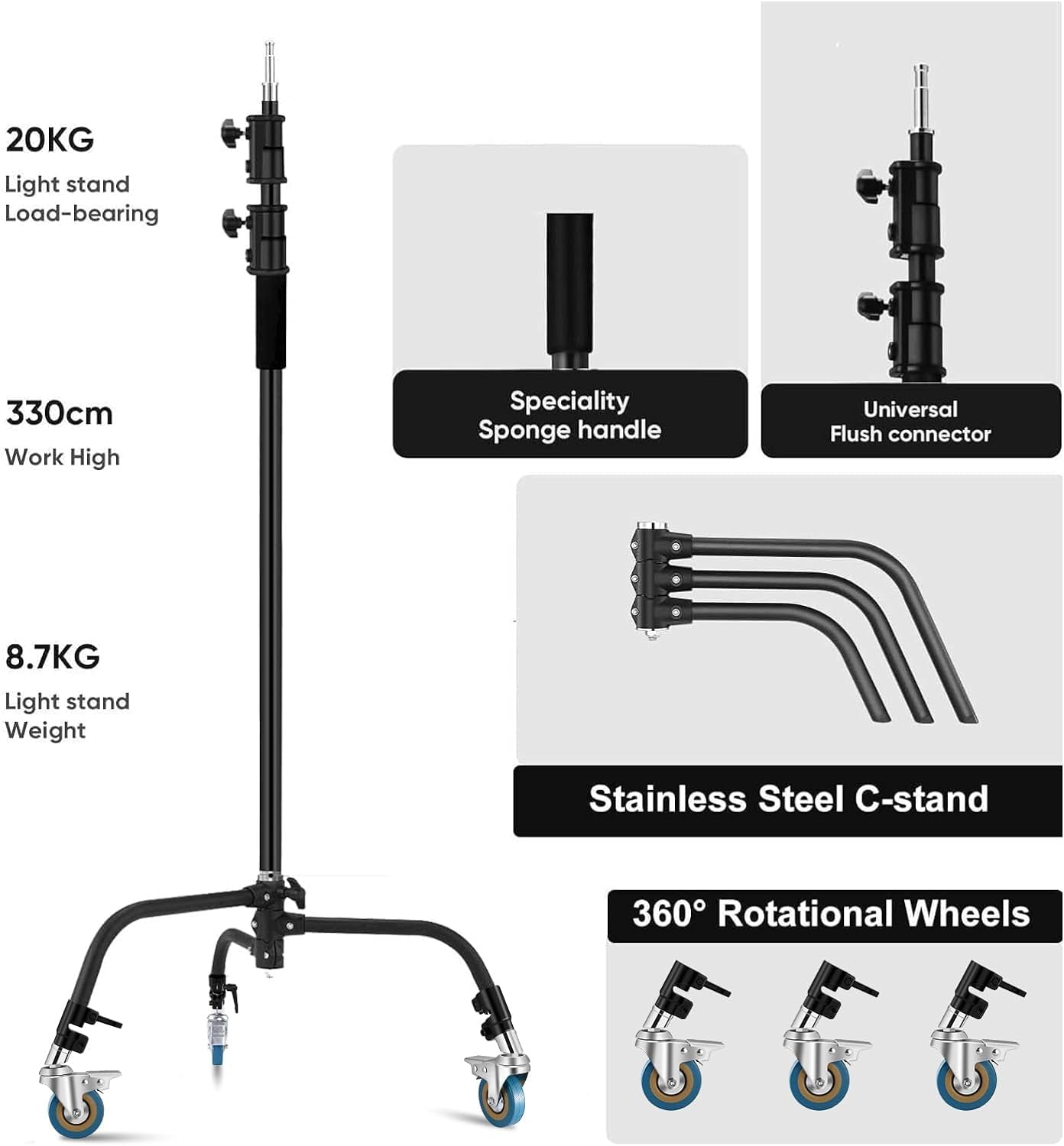 Heavy Duty C Stand 11.3Ft/345Cm All Metal Adjustable Century Stand Light Stand With 4.2Ft/128Cm Holding Boom Arm,Wheels For Phot