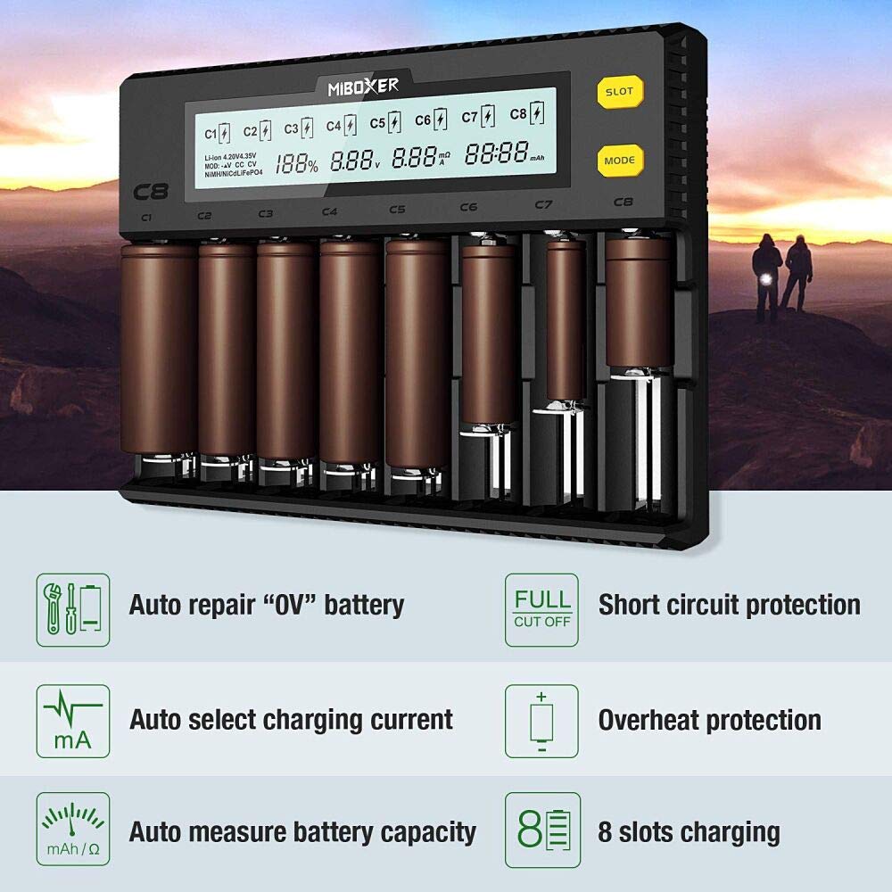 Miboxer 18650 Battery Charger, 8 Bay Smart Charger With Automatic Lcd Display, Fast Charge Rechargeable Li Ion Lifepo4 Ni Mh Ni