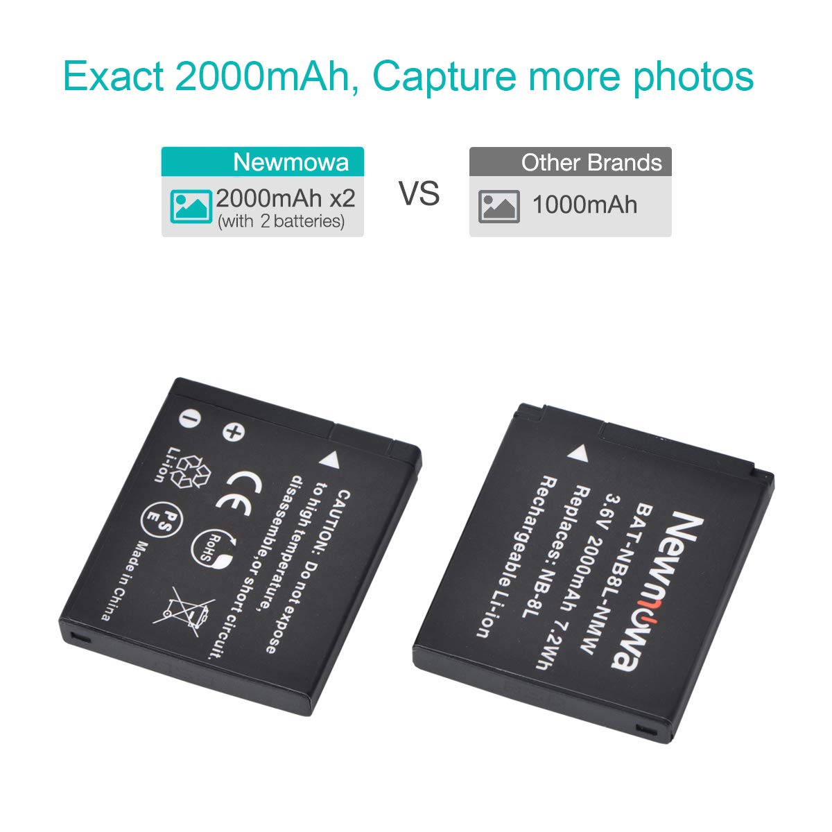 Newmowa NB 8L Replacement Battery (2 Pack) and Charger Kit for NB 8L,CB 2LA and PowerShot A2200, A3000 is, A3100 is, A3200 is, A3300 is
