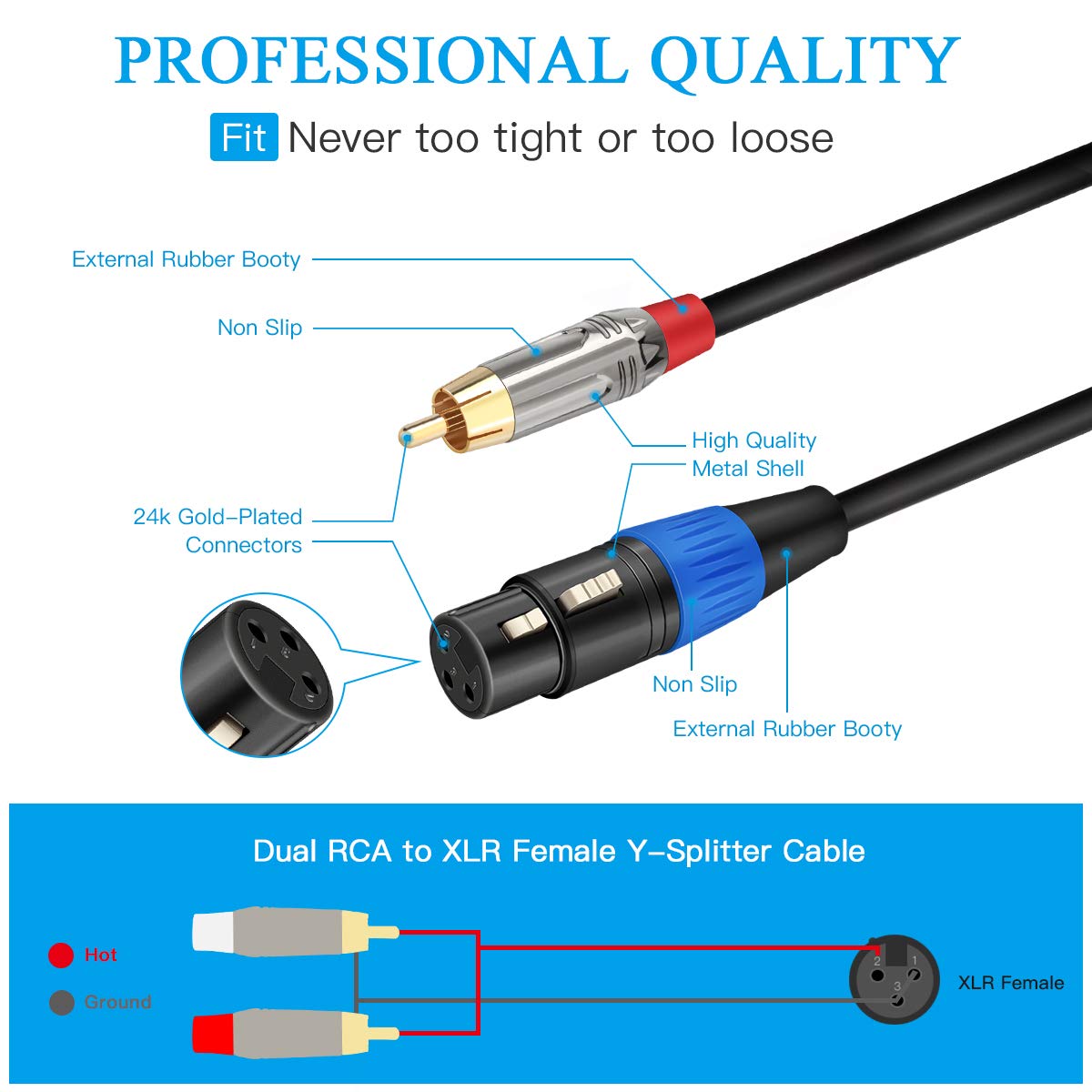 Jolgoo Unbalanced Xlr Female To Dual Rca Y Splitter Breakout Cable, 1 Xlr Female To 2 Rca Male Y Breakout Cable Adapter Cord, 6.