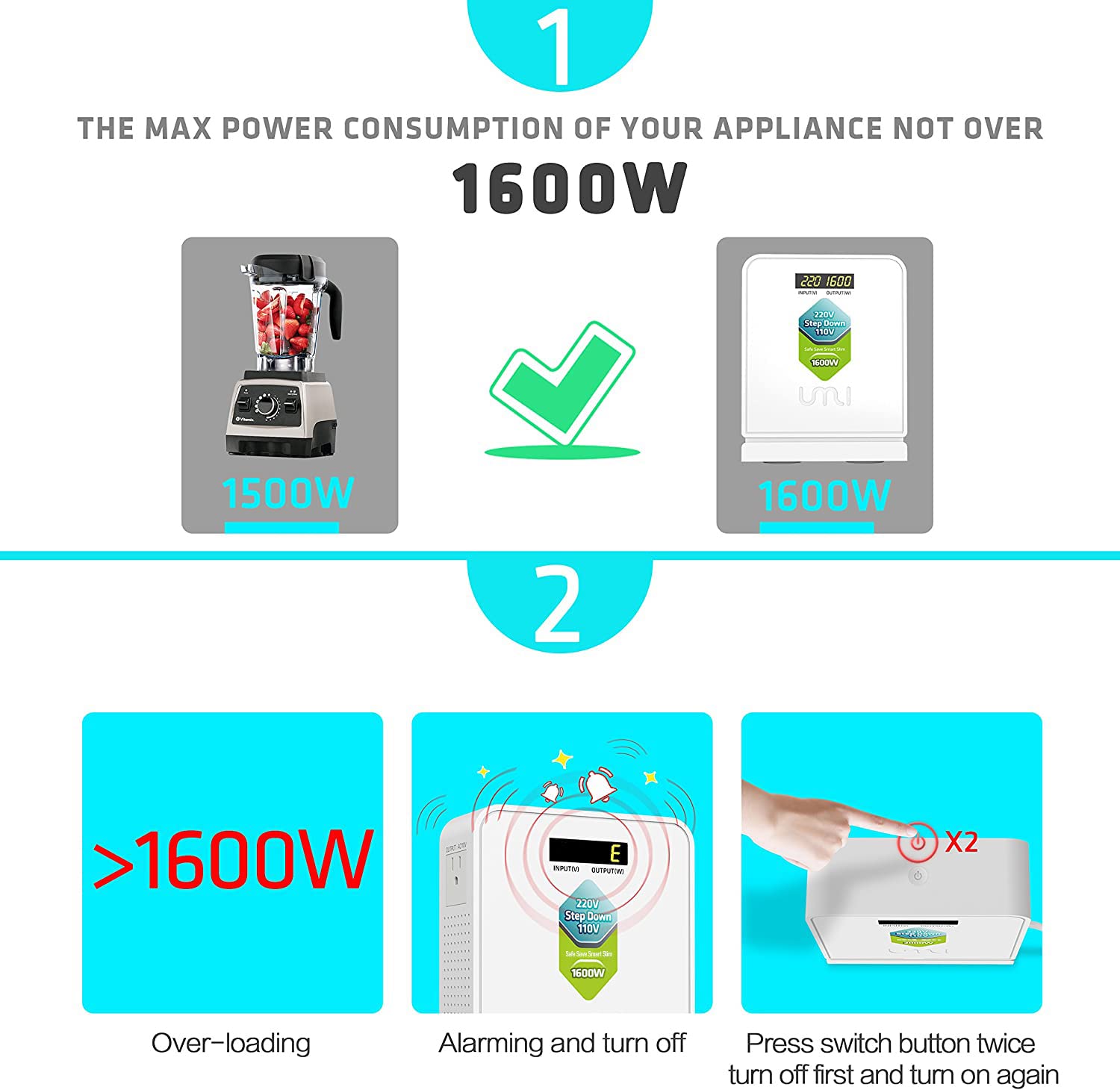 Umi 220V To 110V Voltage Power Converter Step Down Transformer 1600 Watts Capacity With 2 Output Voltages 110V And 100V, White