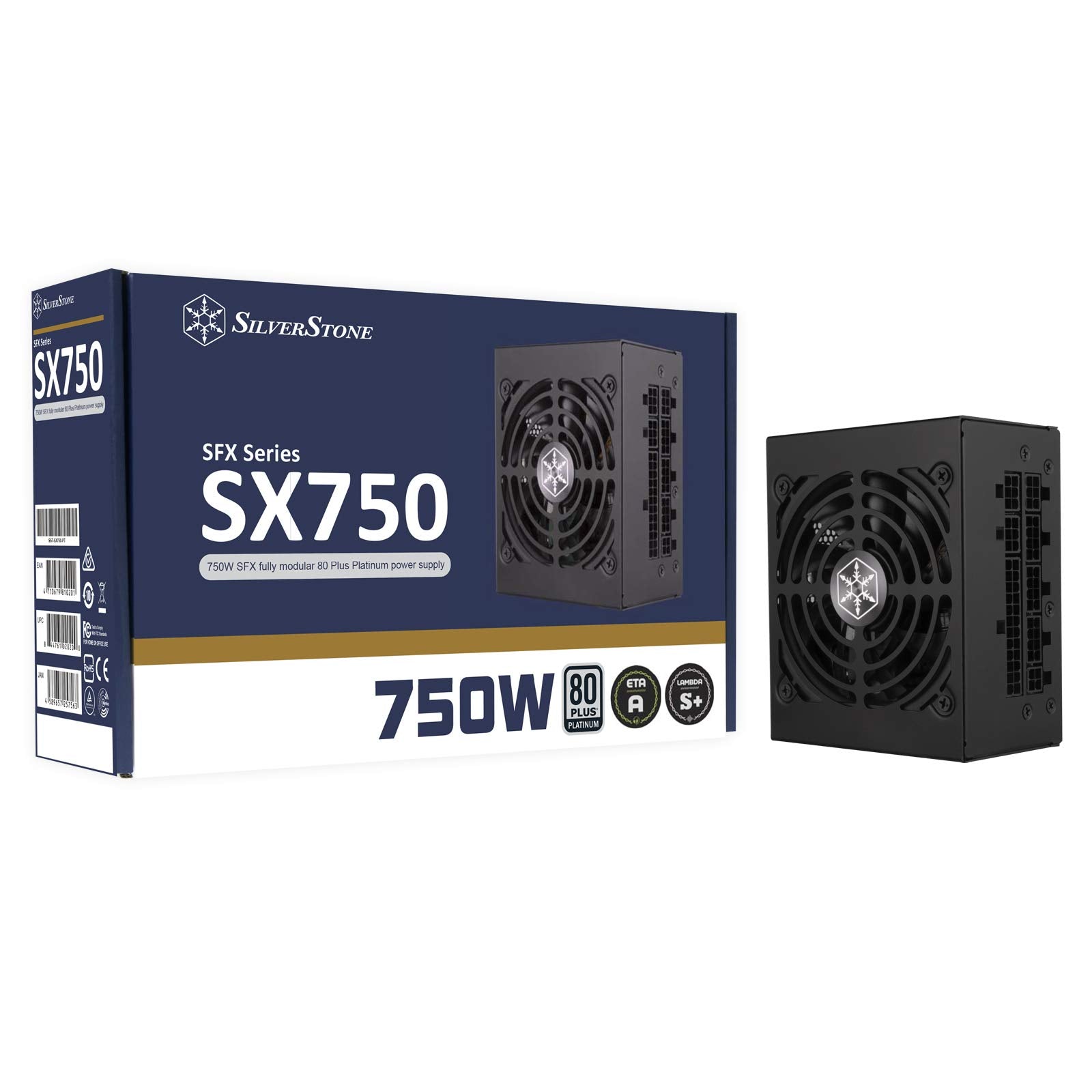 750W, SFX form factor, single +12V rails with 62.5A output, Silent Dual Ball 92mmFan with 18dBA, efficiency 80Plus Platinum cert