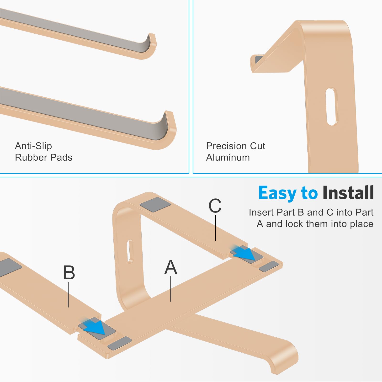 Omoton Laptop Stand, Detachable Laptop Mount, Aluminum Laptop Holder Stand For Desk, Compatible With Macbook Air/Pro, Dell, Hp And All Laptops (11 16 Inch), Gold