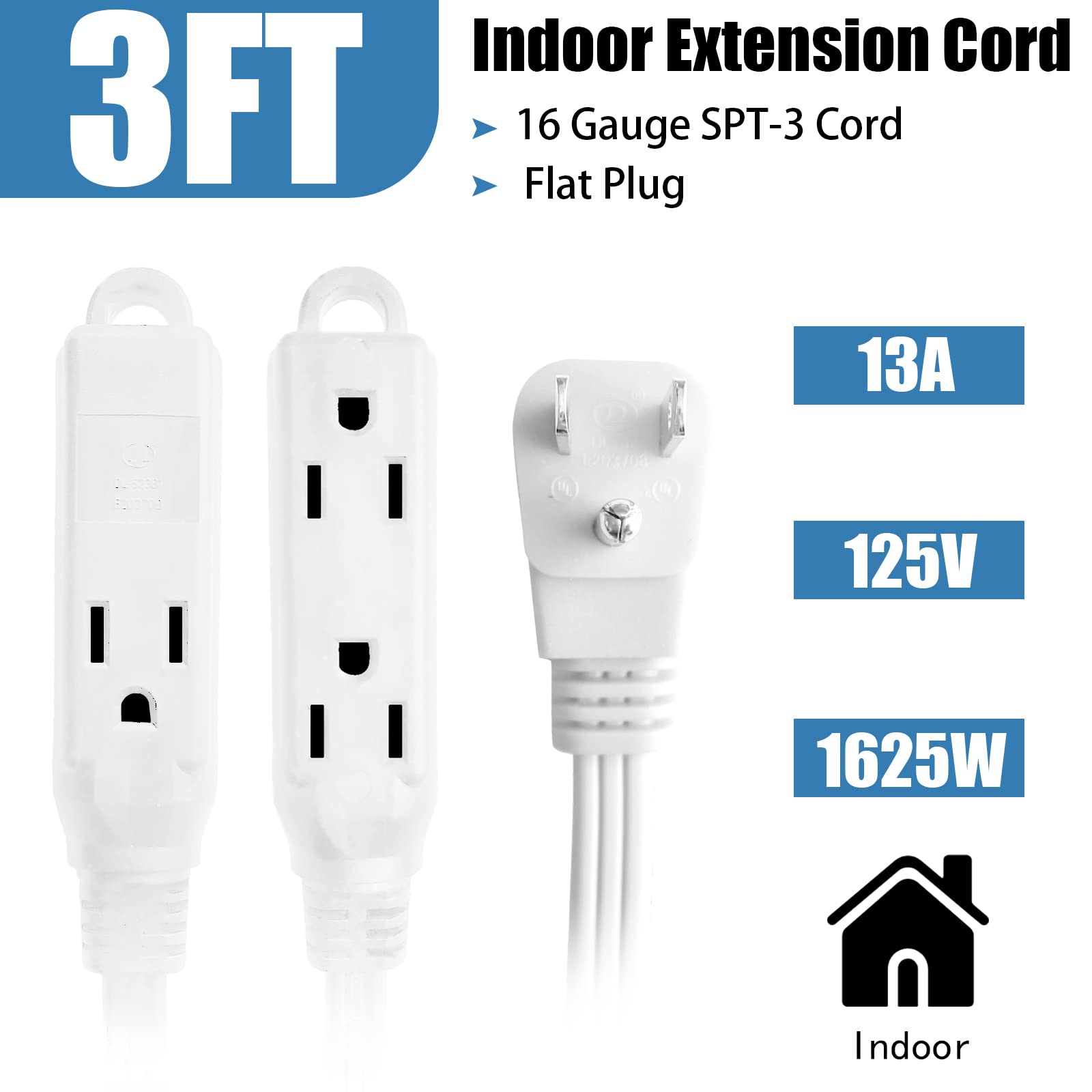 Greatide 3 Ft 3 Outlet Extension Cord With Flat Plug, 3 Prong Grounded, 16/3 Spt 3 Power Cable For Indoor Use, White, 2 Pack
