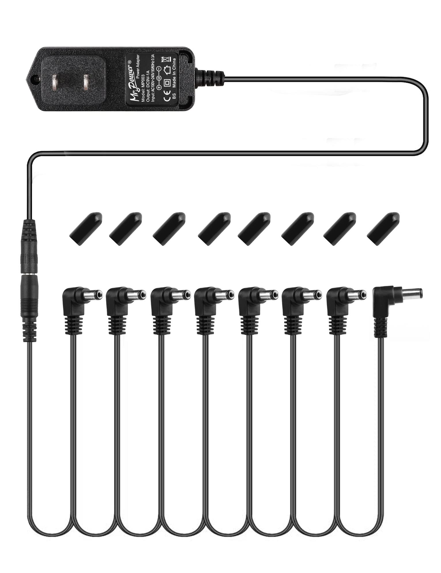 Mr.Power Guitar Effects Power Supply Adapter 9V Dc 1A (1000Ma) With Daisy Chain Cord Cable Free Insulated Cap (9V Adapter + 8 Way Cable)