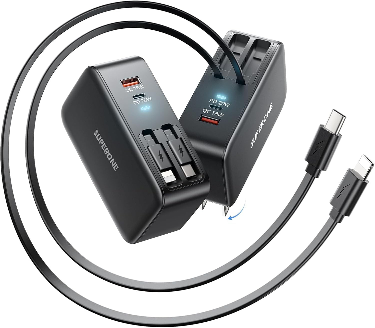 SUPERONE Retractable Wall Charger with USB C & Apple Fast Charging Cables
