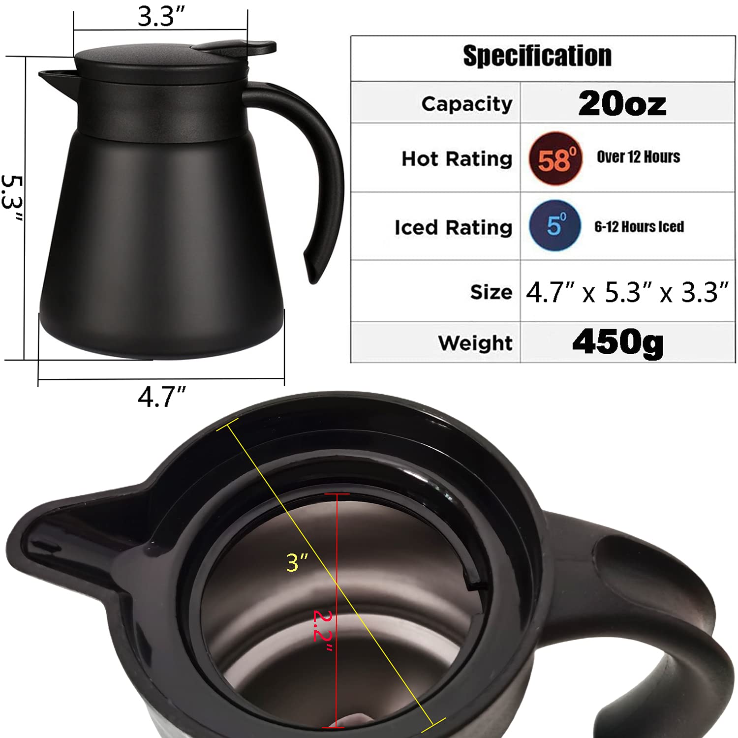 Goeielewe Thermal Coffee Carafe Tea Pot 20 Oz Stainless Steel Insulation Pot Double Wall Vacuum Insulated Coffee Water & Beverage Dispenser (Black)