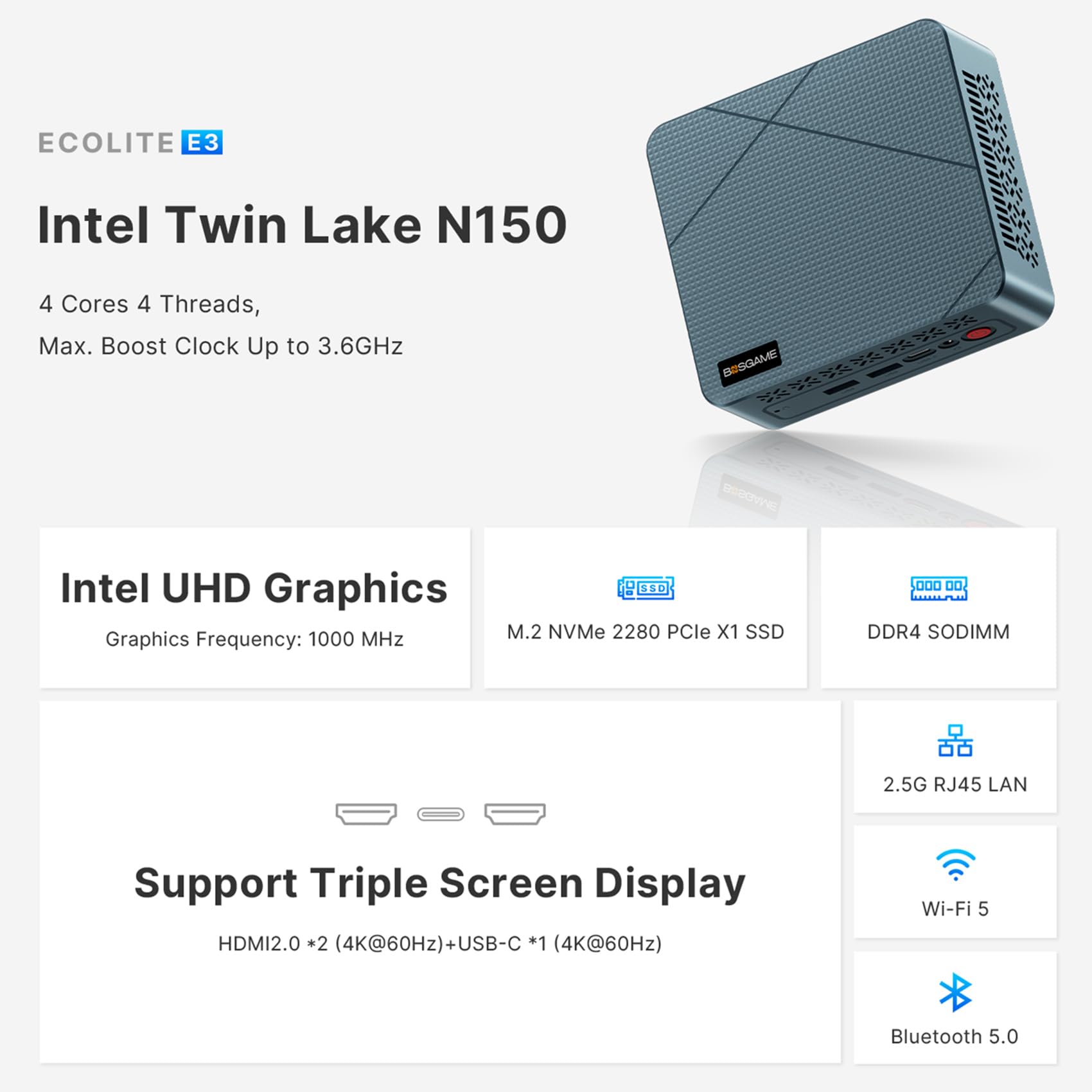 Bosgame E3 Mini Pc, Intel N150(Beat N100/N95) 16Gb Ddr4 Ram 512Gb Ssd Mini Desktop Comuter, Micro Home Server Support 4K Dual Hd