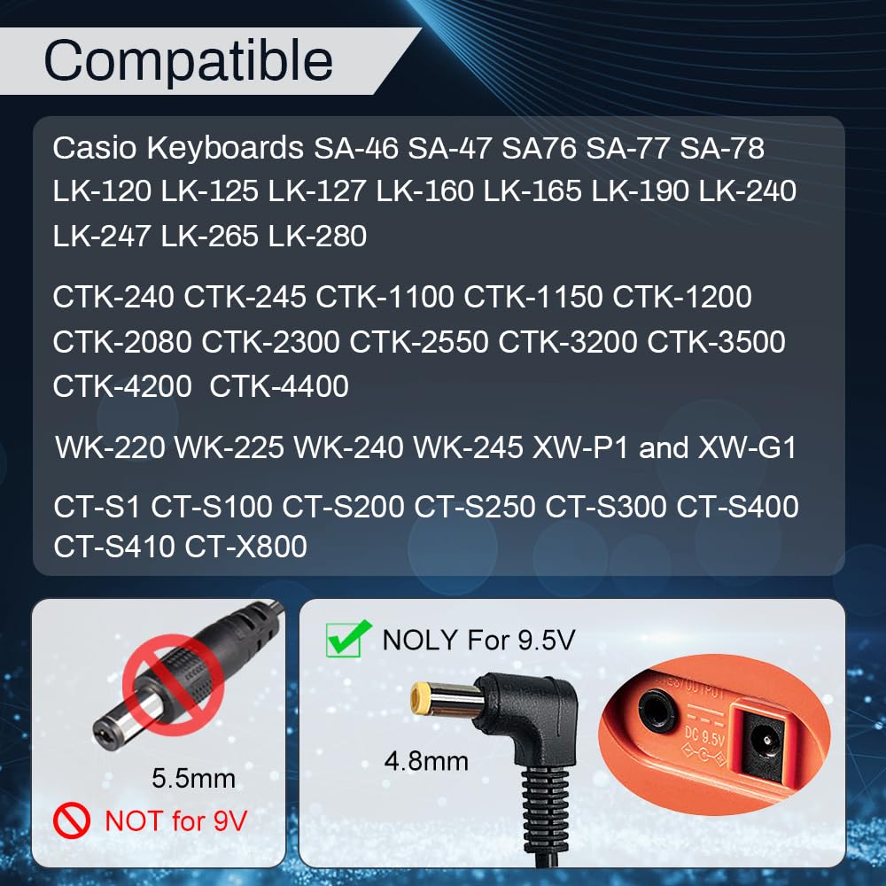 9.5V Ac/Dc Adapter For Casio Ade95100Lu   Ul Listed Power Supply Charger For Casio Piano Keyboard   Only Compatible For Listed Models (8.4 Ft Long Cord)