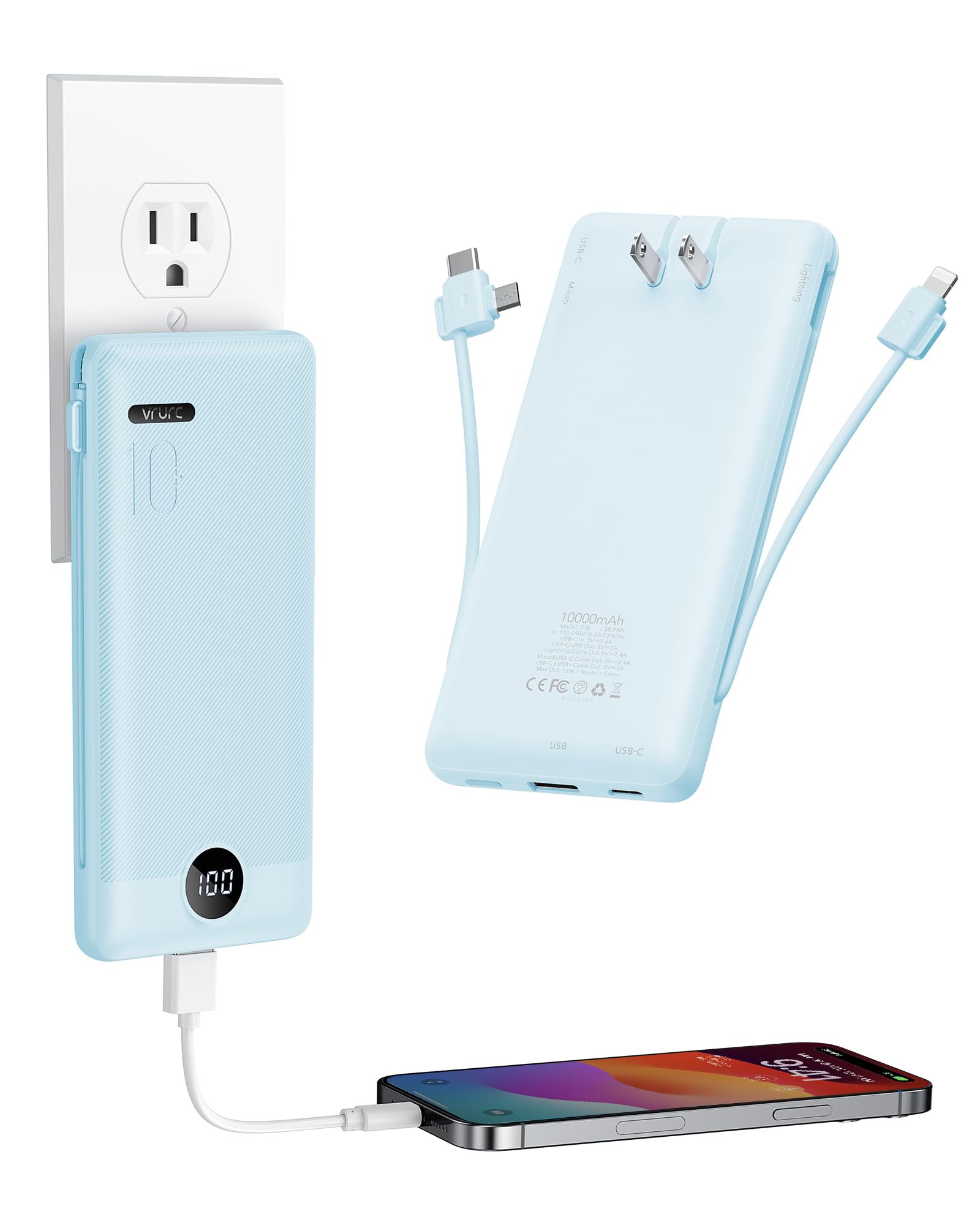VRURC Portable Charger with Wall Plug and Cables, 10000mAh Power Bank with 22.5W Fast Charging USB Port,4 Outputs Dual Inputs Sl