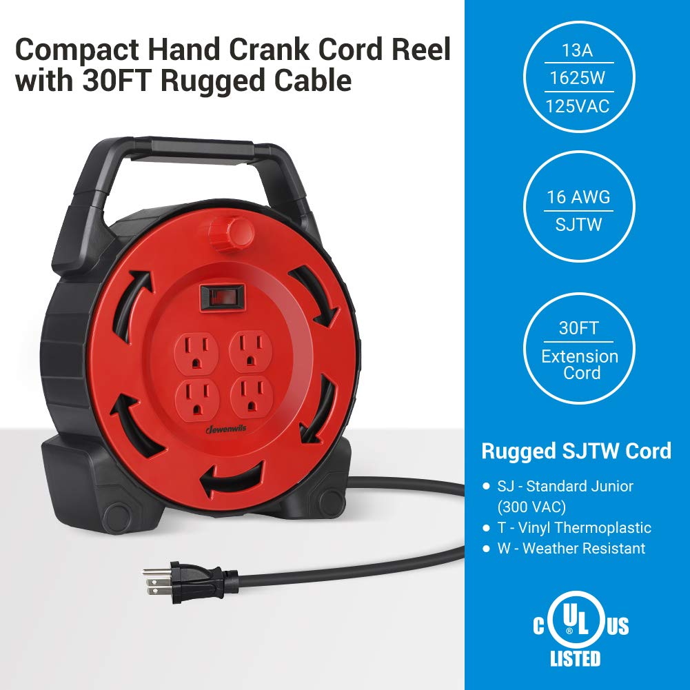 Dewenwils Extension Cord Reel With 30 Ft Power Cord, Hand Wind Retractable, 16/3 Awg Sjtw, 4 Grounded Outlets, 13 Amp Circuit Br