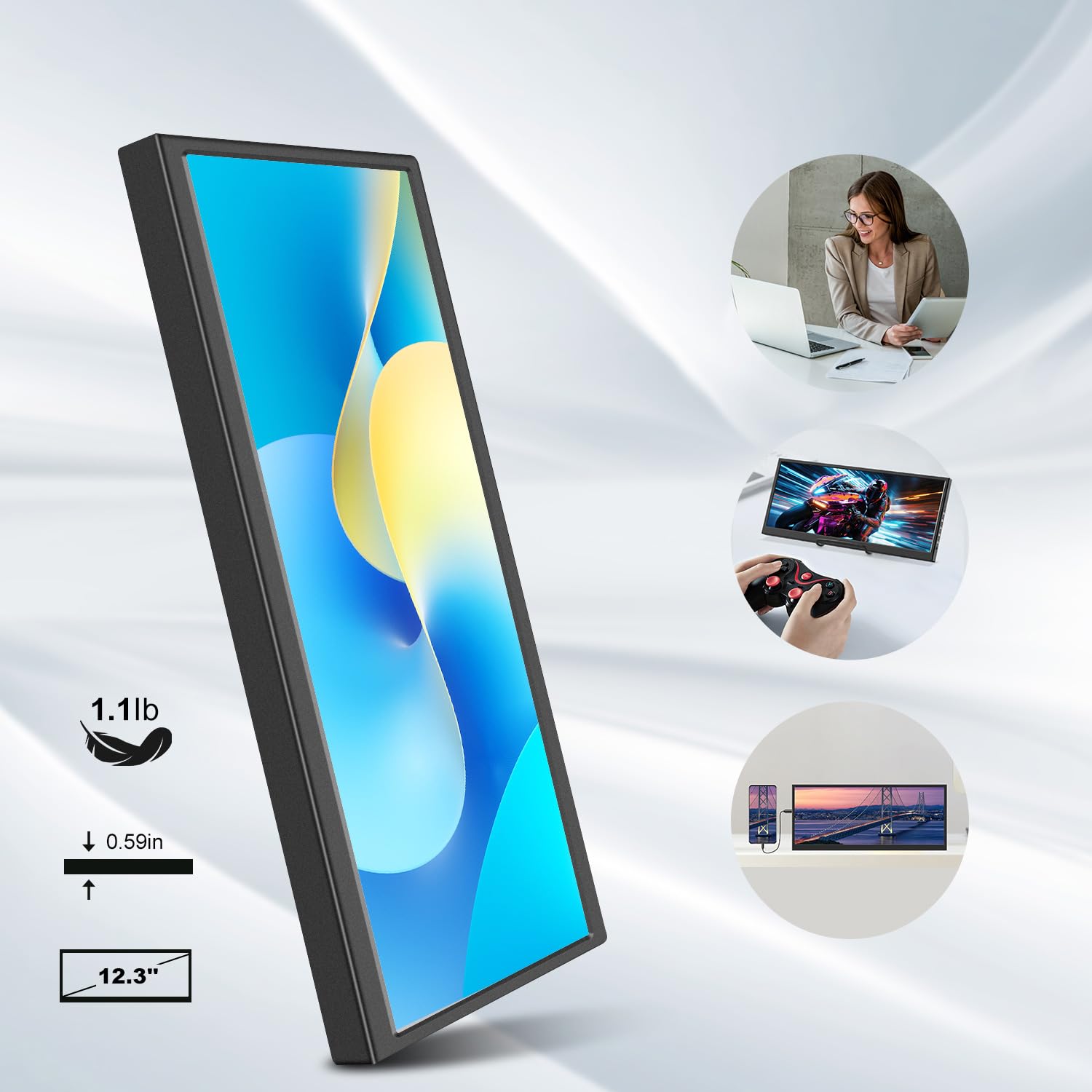 12.3 Inch Touchscreen Secondary Monitor, Ips Stretched Bar Lcd Travel Touch Display 1920 * 720 Hdmi Usbc, Portable Touch Screen