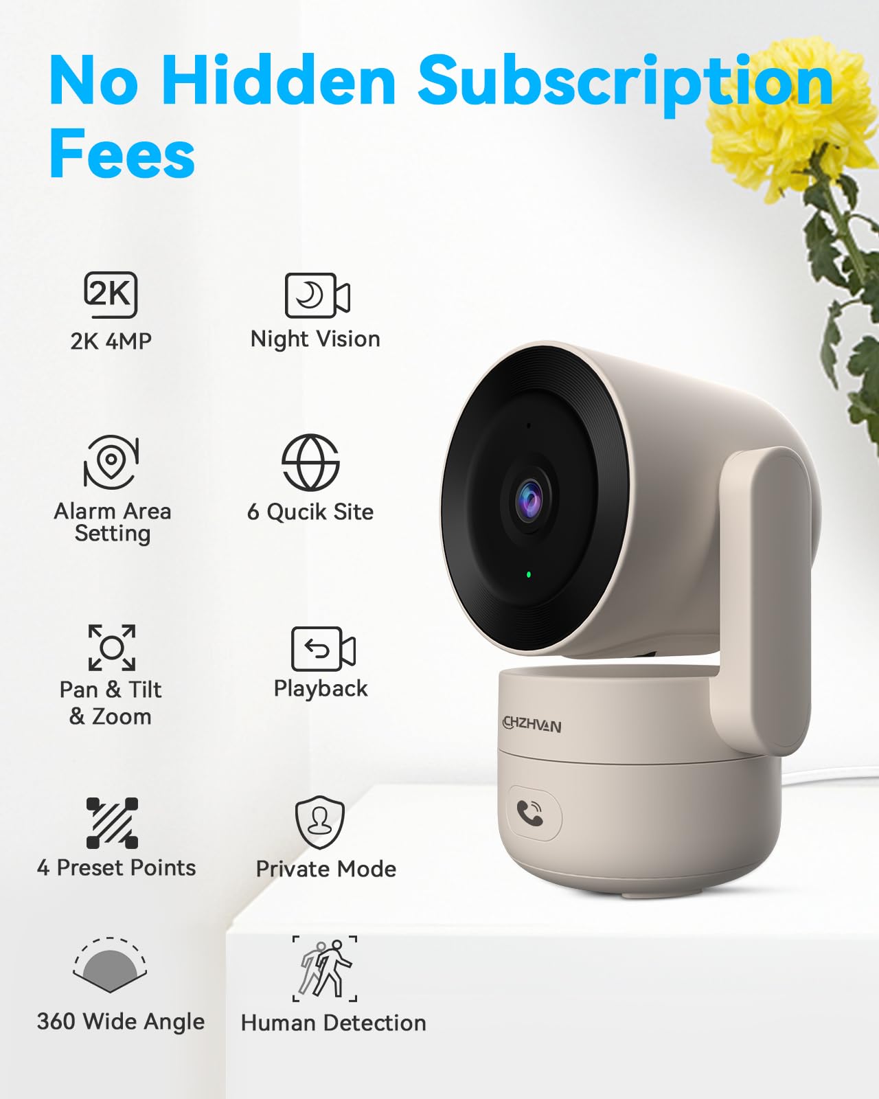 Chzhvan Security Camera Indoor For Home, Cry Detection For Baby, 2.5K 4Mp Qhd, Pet Monitoring, Pan & Tilt, Motion Detection, Nig