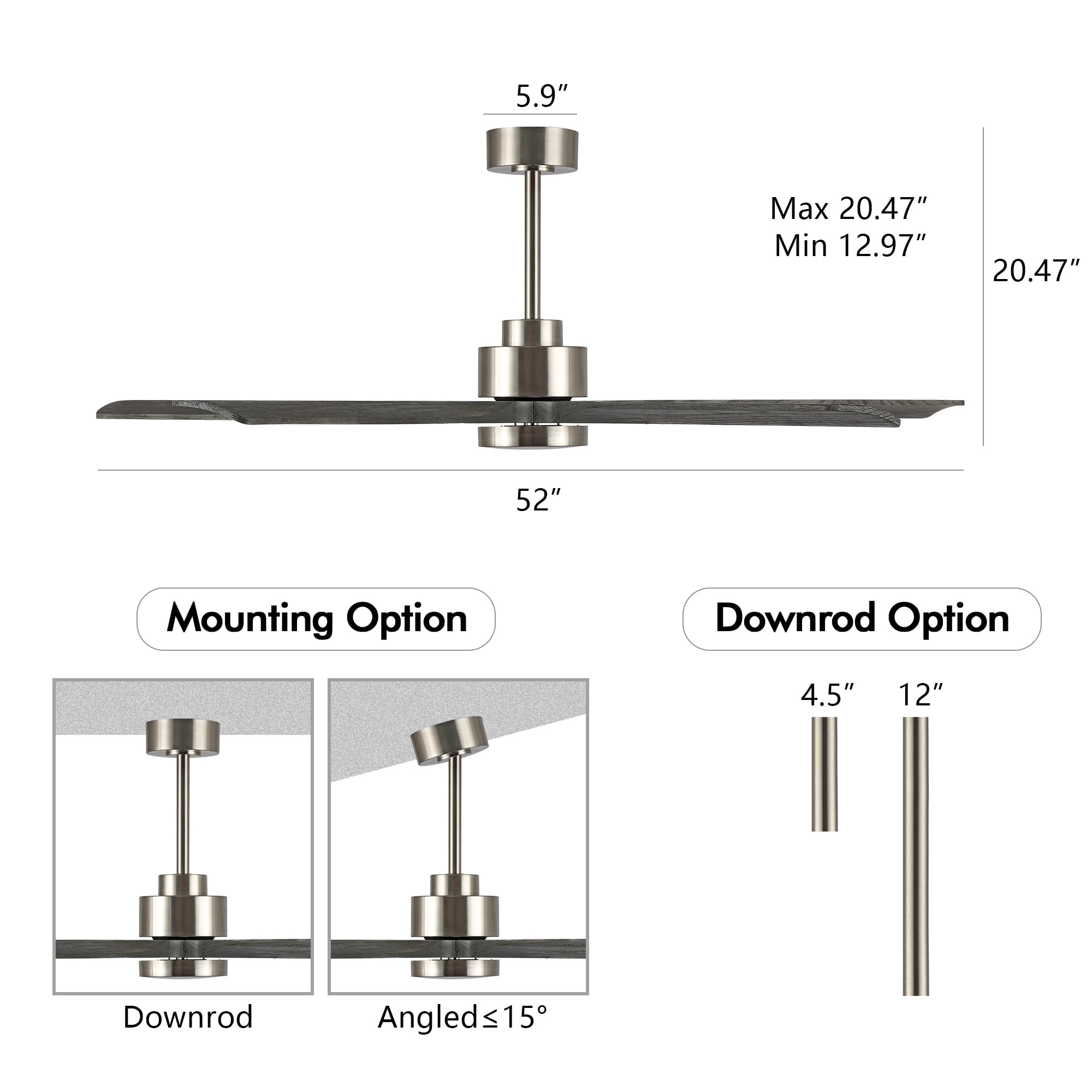Elehinser 52'' Modern Ceiling Fan With Lights And Remote Control, 5 Solid Wood Blades 6 Speed Noiseless Reversible Dc Motor, Cei