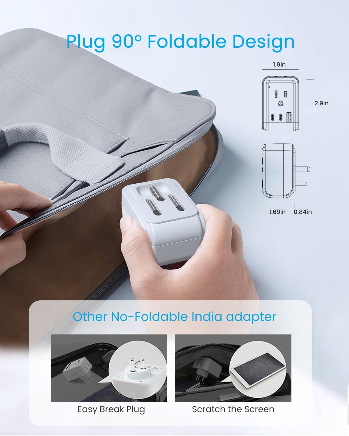 2 Pack Us To India Plug Adapter, Vintar Foldable India Power Adapter ...