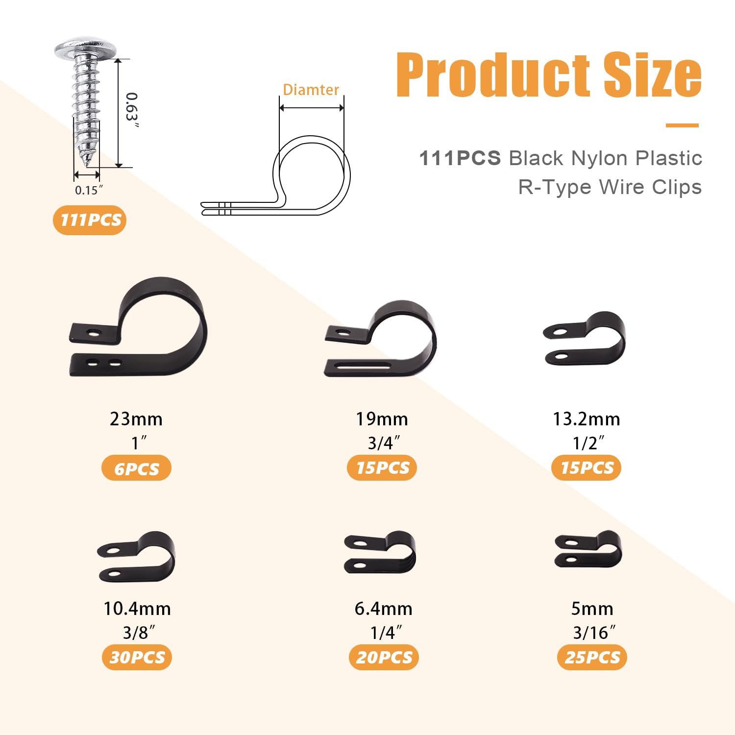 Mankk 222Pcs Cable Clips Wire Clips Assortment Kit Nylon Plastic R Type Cable Clamps 6 Sizes (3/16'' 1/4'' 3/8'' 1/2'' 3/4'' 1''