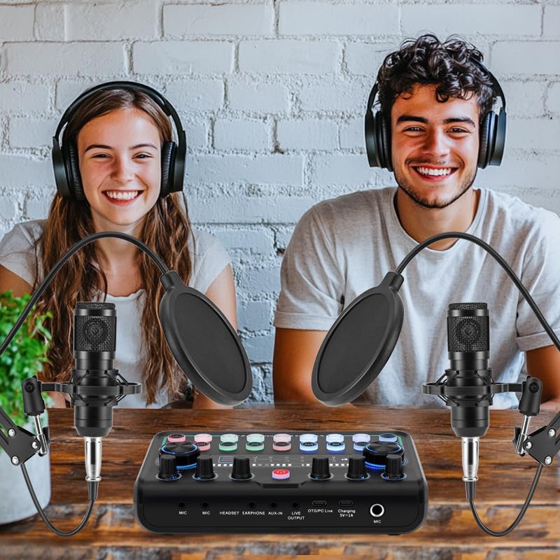 Znclces Podcast Equipment Bundle for 2, Pro Audio Interface, Black, 15"x8"x4", Model p999, Ideal for Recording & Streaming
