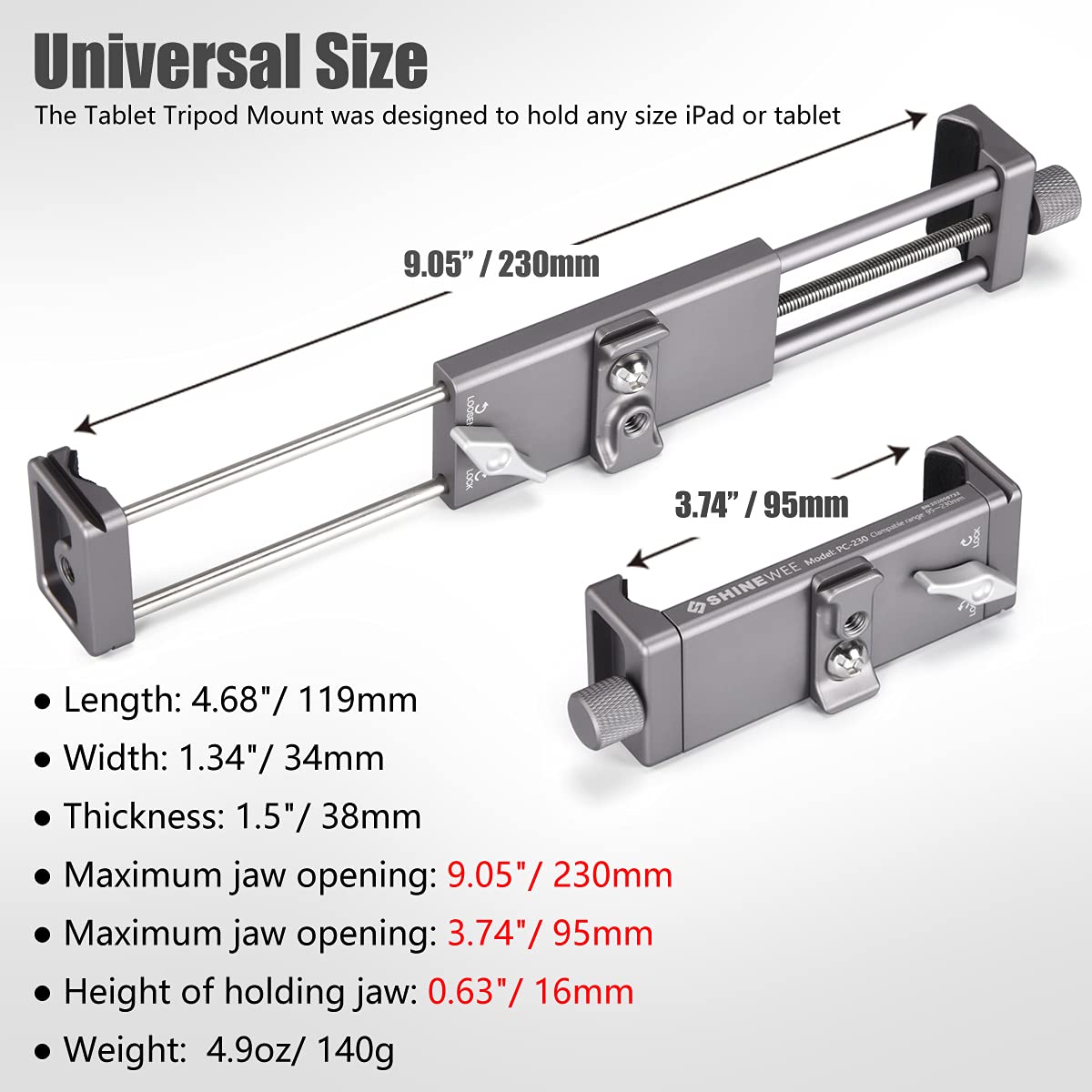 Shinewee Metal Ipad Holder For Tripod Mount, 1/4' Screw, Acra/Rrs Rail Plate Mounts, Fits Ipad 1 2 3 4 5 Mini Air Pro,Universal Tablet Ipad Clamp Holder Tripod Adapter
