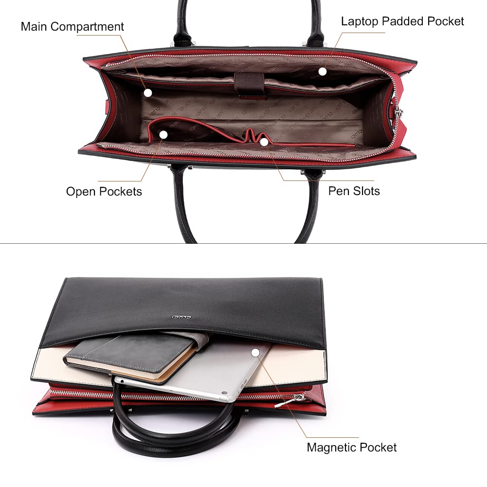 Cluci Leather Women Briefcase Office Laptop Bag Shoulder 15.6Inch Computer Handbag Black With Beige