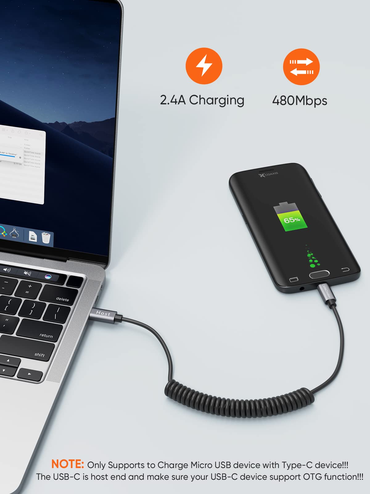 Cablecreation Coiled Micro Usb To Usb C Cable 4Ft Coiled Usb C To Micro Usb Otg 480Mbps Type C To Micro Usb Cable To Usb C To Us