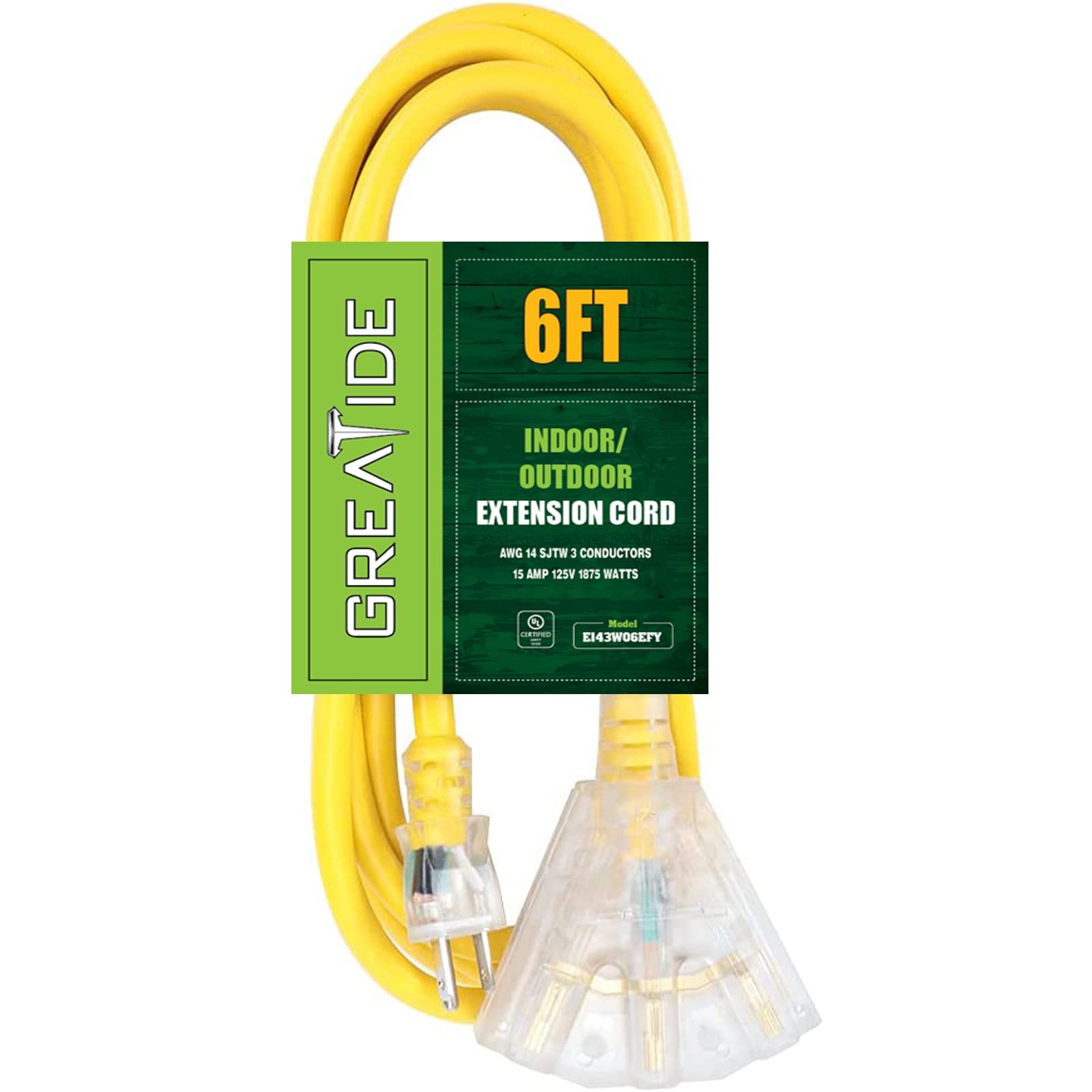 Greatide 6 Ft Lighted Outdoor Extension Cord With 3 Electrical Power Outlets   12/3 Sjtw Heavy Duty Yellow Extension Cable With
