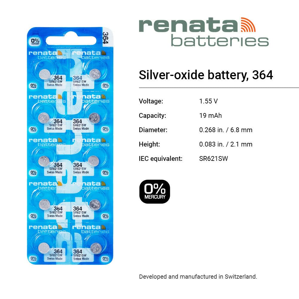 Renata 364 Sr621Sw Batteries   1.55V Silver Oxide 364 Watch Battery (20 Count)