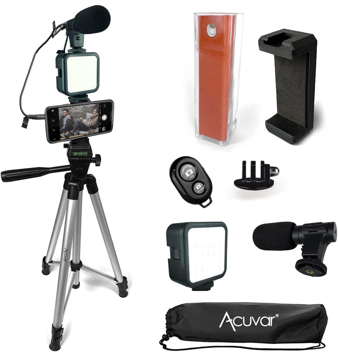 Acuvar Advanced Vlogging Kit For Iphone, Android & Cameras, Led Light, Microphone, Phone Holder, Gopro Mount, Bluetooth Remote &