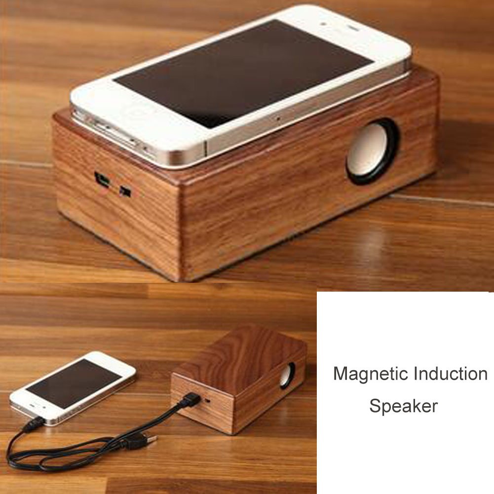Aolyty Wooden Rechargeable Magic Induction Speaker Stereo Audio For Phones, Pc, And Computers (Dark Walnut Color)