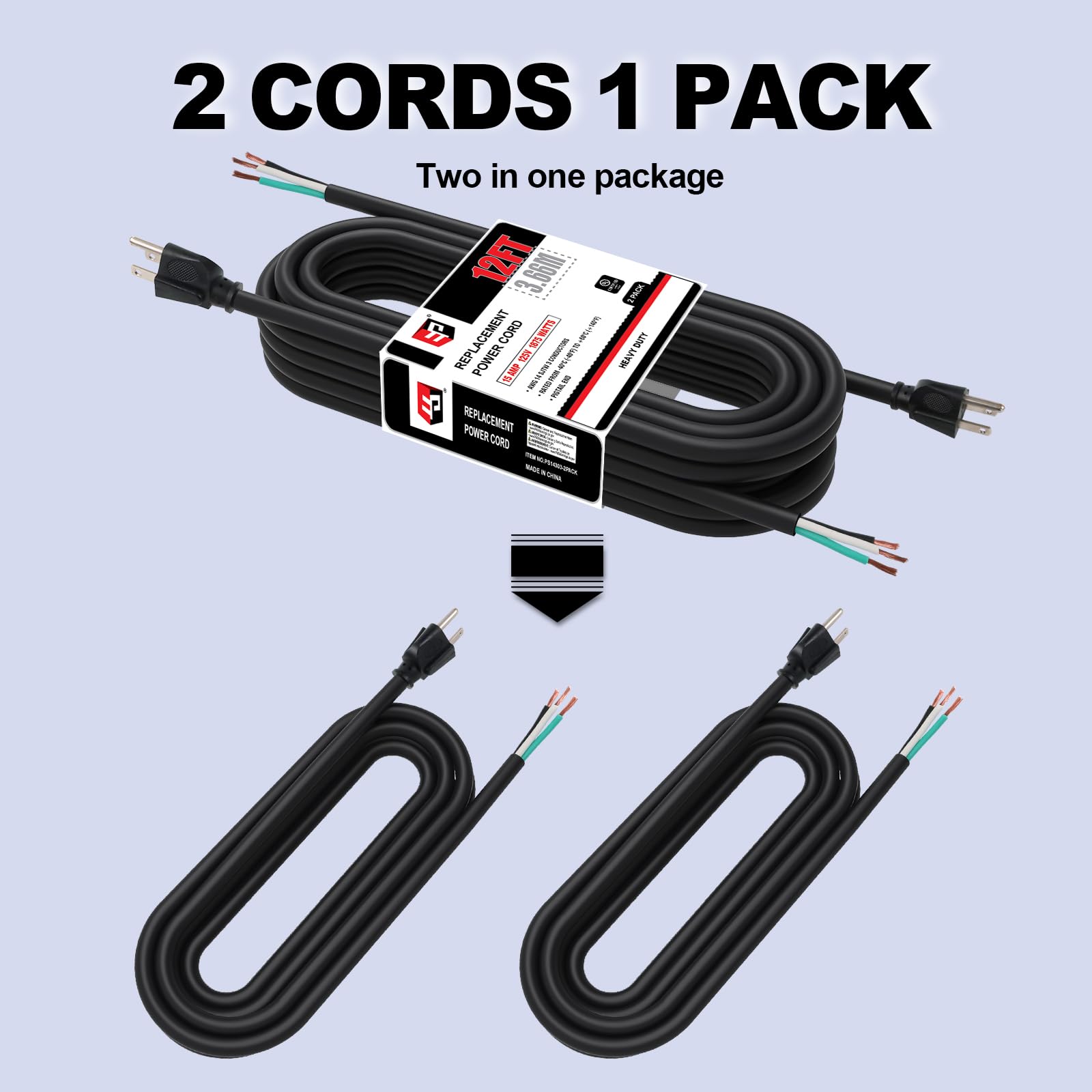 Ep 2 Pack 12 Ft 14/3C Sjtw Appliance And Power Tool Cord, 14 Gauge 3 Prong Heavy Duty Replacement Power Supply Cord Cable, 110V