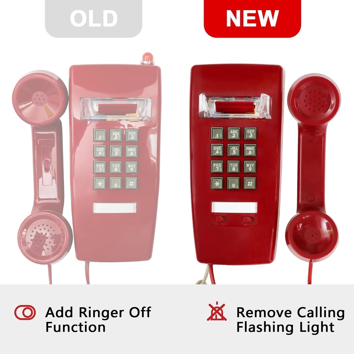 Sangyn Retro Wall Phone with Loud Mechanical Ringer, Adjustable Volume, Vintage Design, Red, Model S-Bigua-UpgradeRed