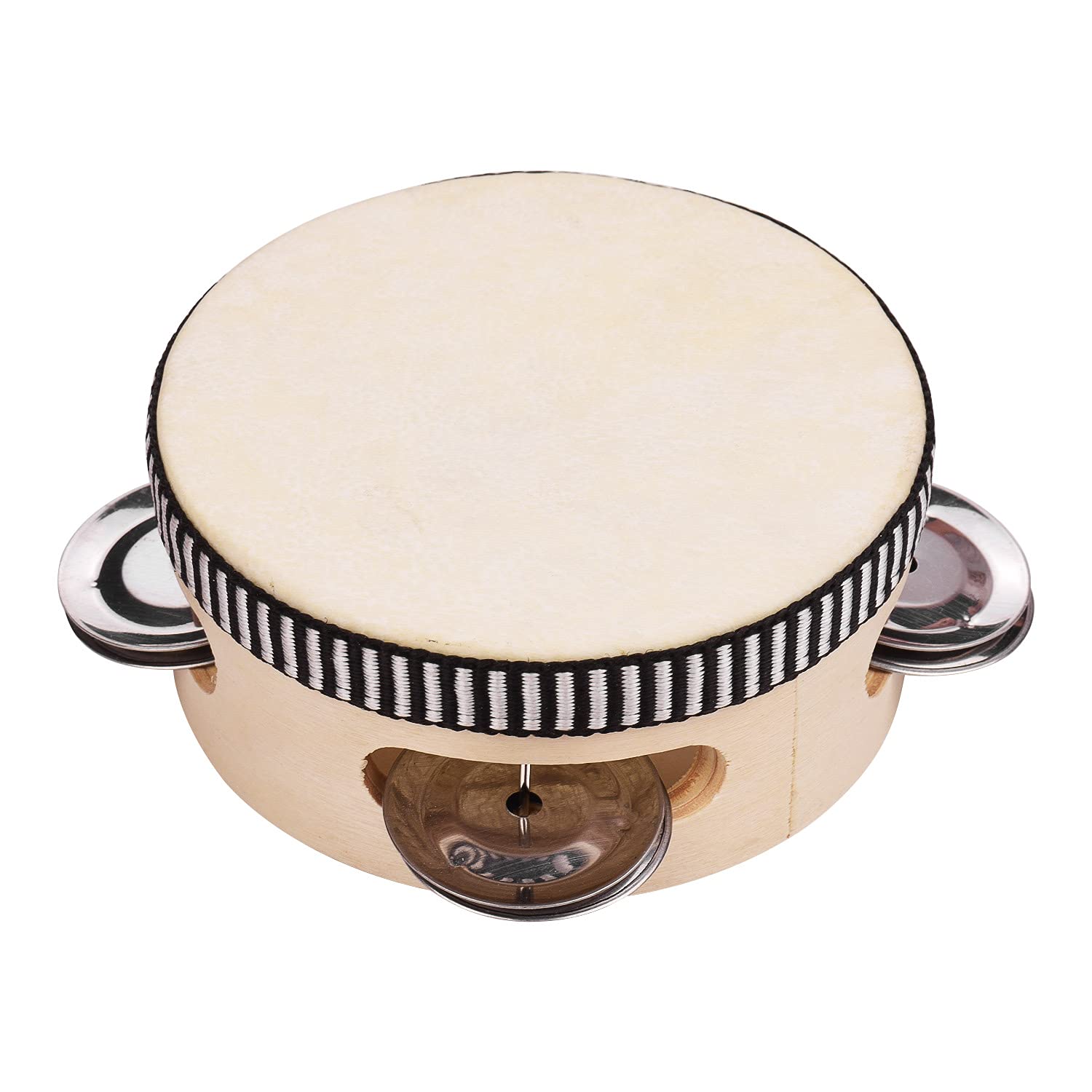 Ubervia 4 Inch Wooden Hand Tambourine wi Metal Single Row Jingles Sheepskin Drum Skin Tambourinestainment Musical Timbrel for Ad