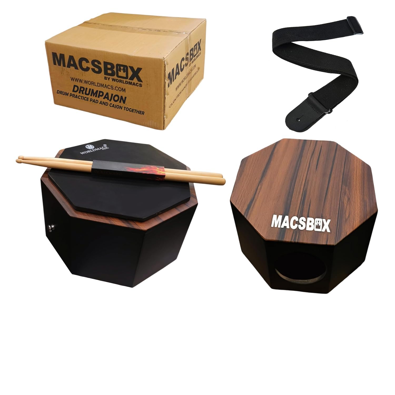 WORLDMACS 12 Inches portable 2 IN 1 Cajon with back side Drum Practice Pad Includes Drumsticks and Cover DRUMPAJON (Drum Pract