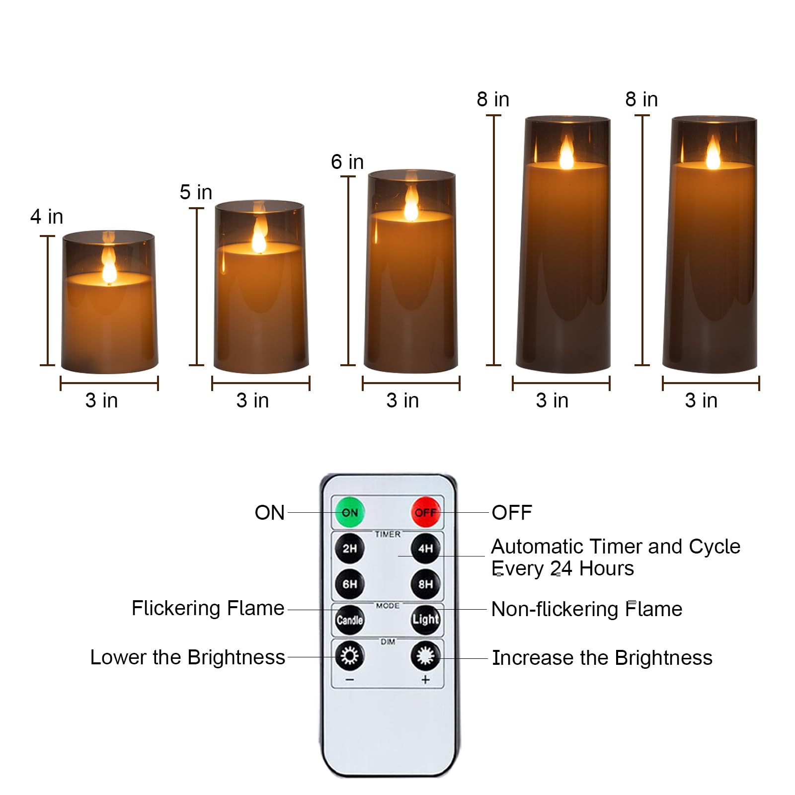 Raycare Grey Flameless Candles With Remote And Timer, 5 Pcs Battery Operated Acrylic Flickering Led Pillar Candles For Romantic