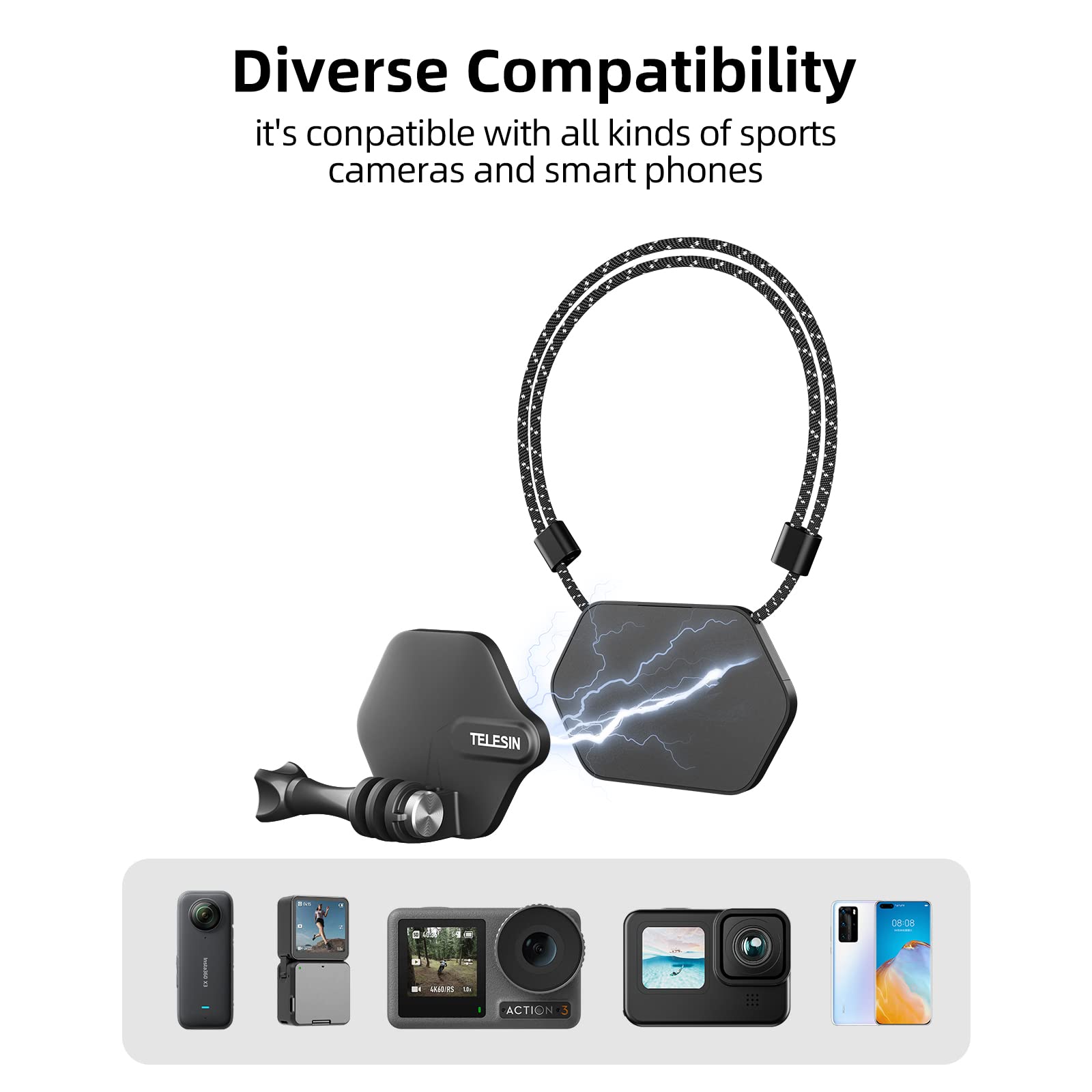 Telesin 360 Magnetic Mount Chest Mount With Neck Strap Necklace Lanyard Body Accessories For Gopro Max Hero 11 10 9 8 7 Insta360